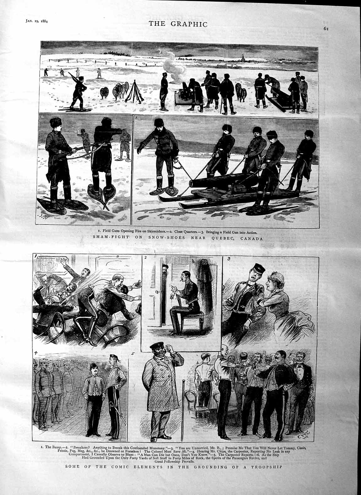 Original Old Antique Print 1884 Sham Fight Snow-Shoes Canada Siers Tr Victorian