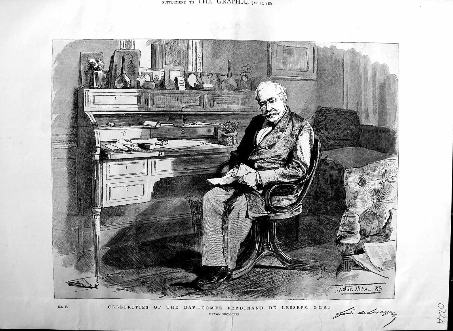 Original Old Antique Print 1884 Portrait Comte Ferdinand De Less 19th