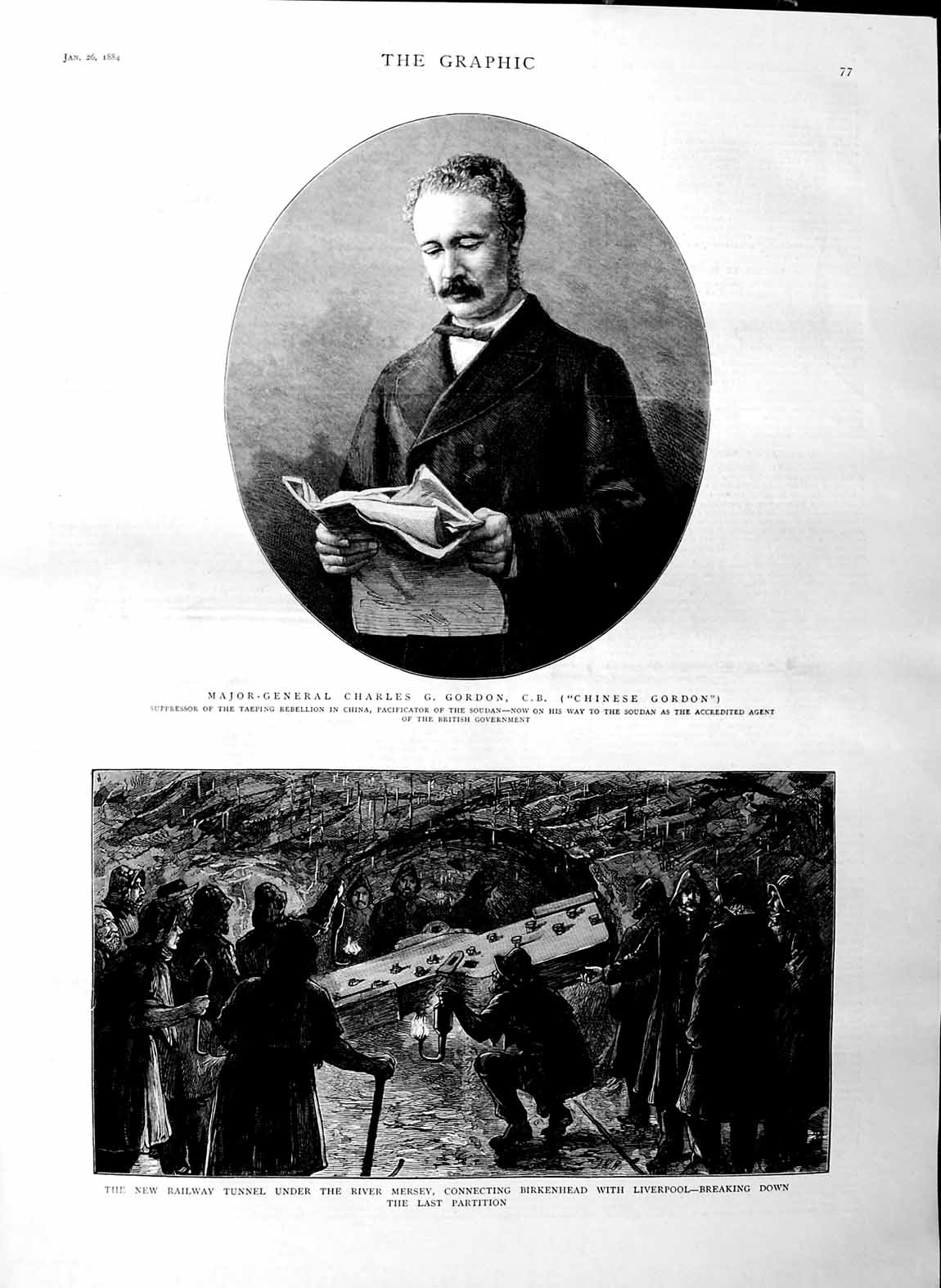 Old Antique Print 1884 Major-General Gordon Railway Tunnel Liverpool Art 19th