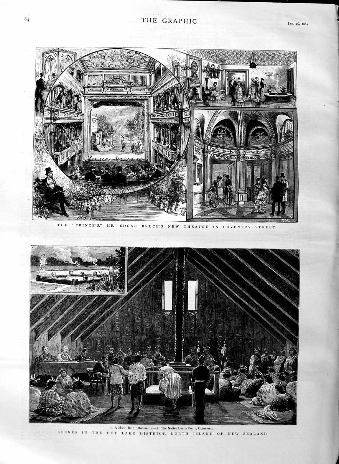 Original Old Antique Print 1884 Maori Bath Ohinemutu New Zealand Theatre C 19th