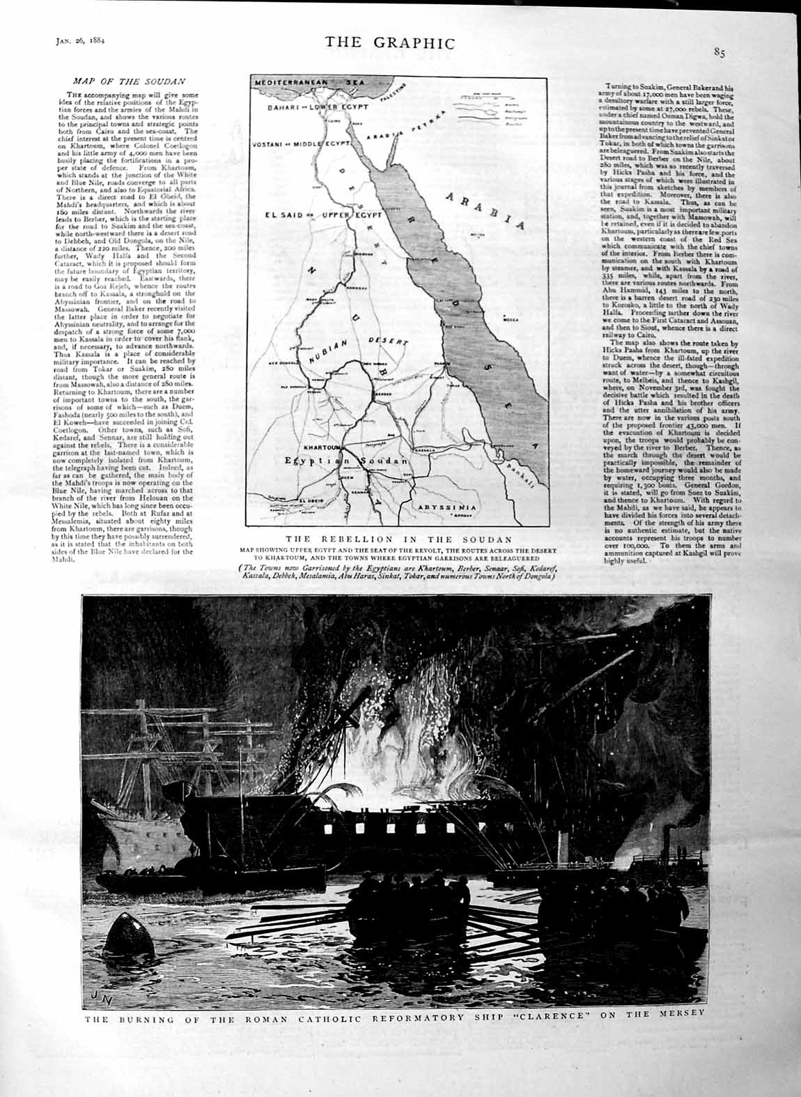 Old Antique Print 1884 Roman Catholic Ship Clarence Fire Map Soudan War 19th