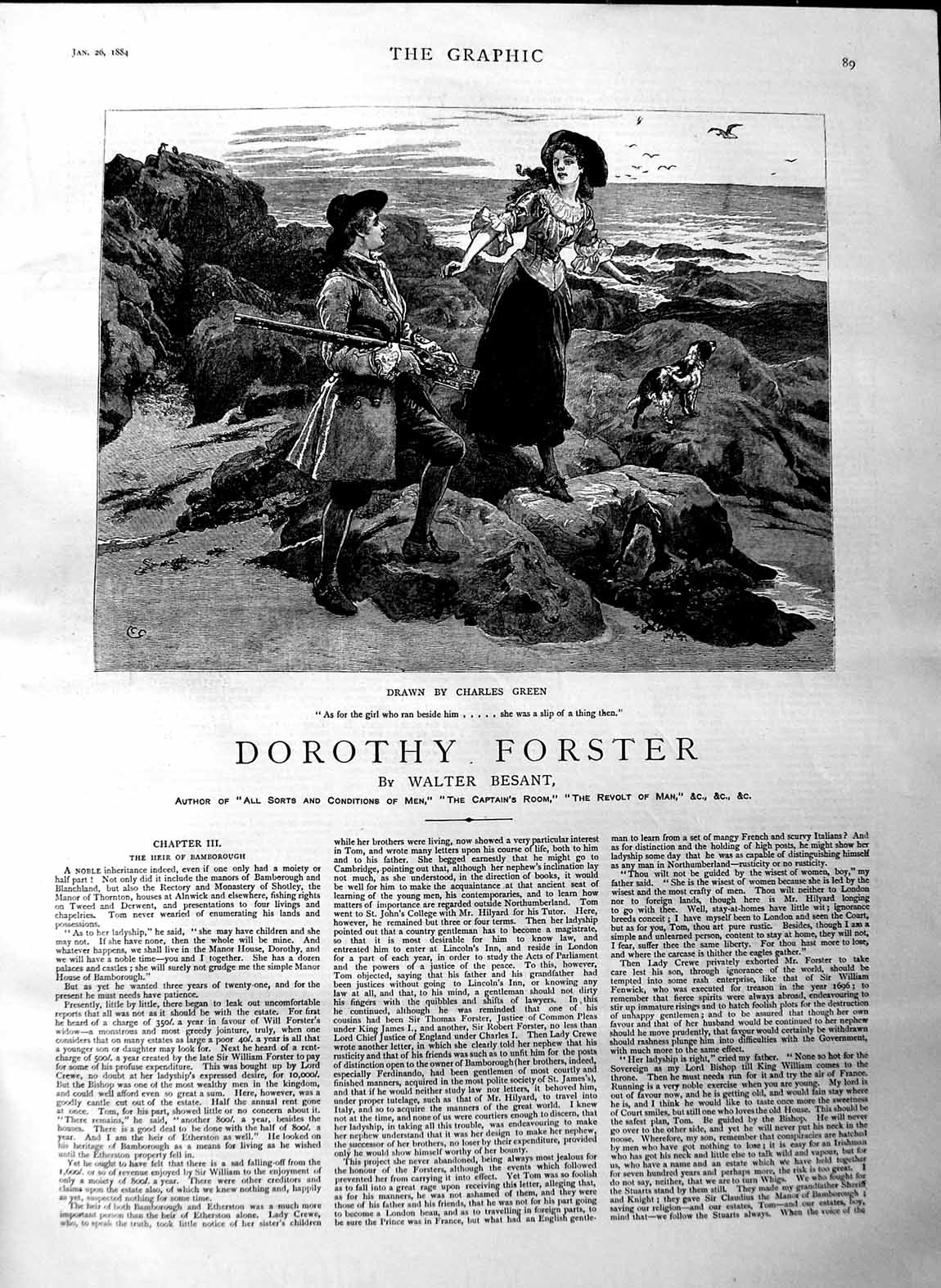Original Old Antique Print 1884 Illustration Story Dorothy Forster Girl Man Dog