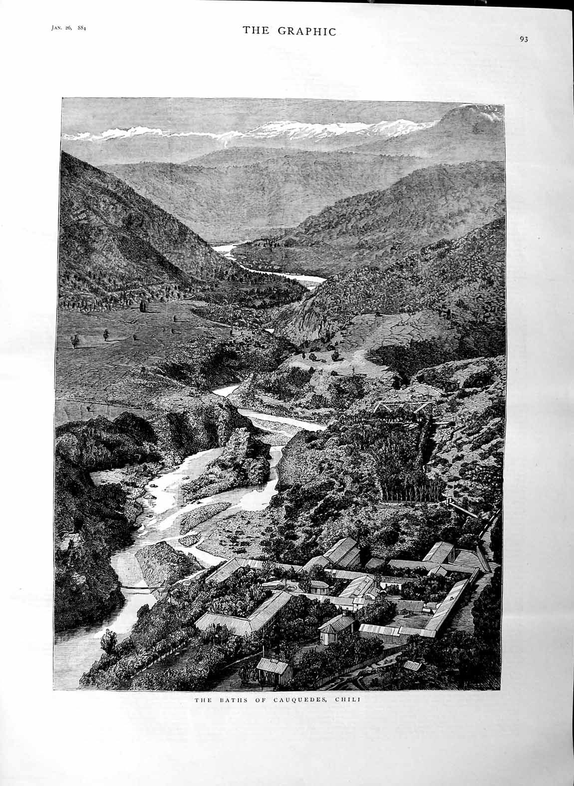 Original Old Antique Print 1884 View Baths Cauquedes Chili Mountains River Art