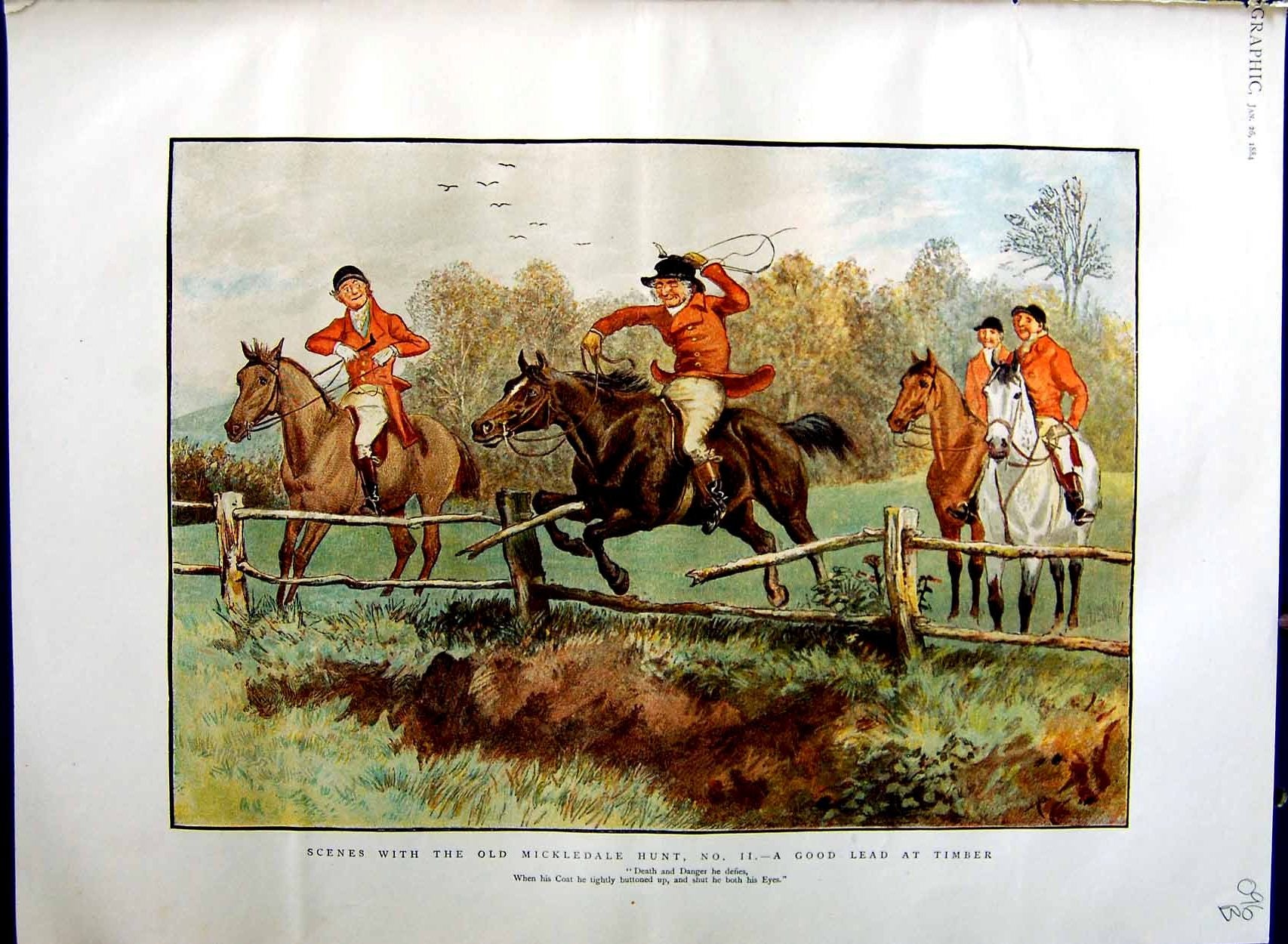 Old Antique Print 1884 Mickledale Hunting Horses Jumping Huntsmen Colour 0 19th
