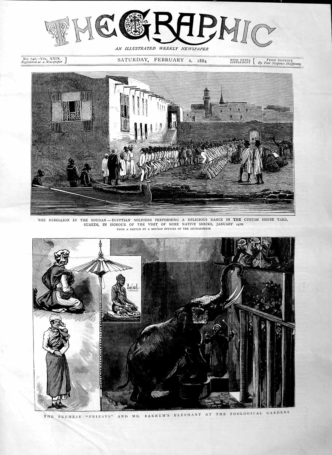 Old Antique Print 1884 Barnum Elephant Burmese Priests Soudan Suakim War 19th