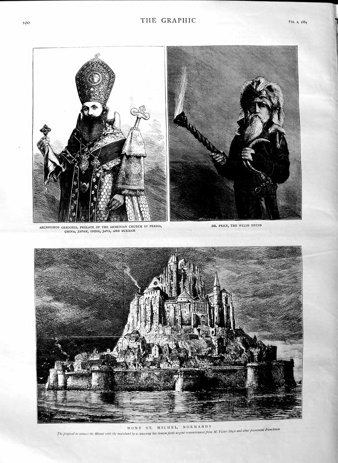 Old Antique Print 1884 Mont St. Michel Normandy Archbishop Gregoris Price 19th