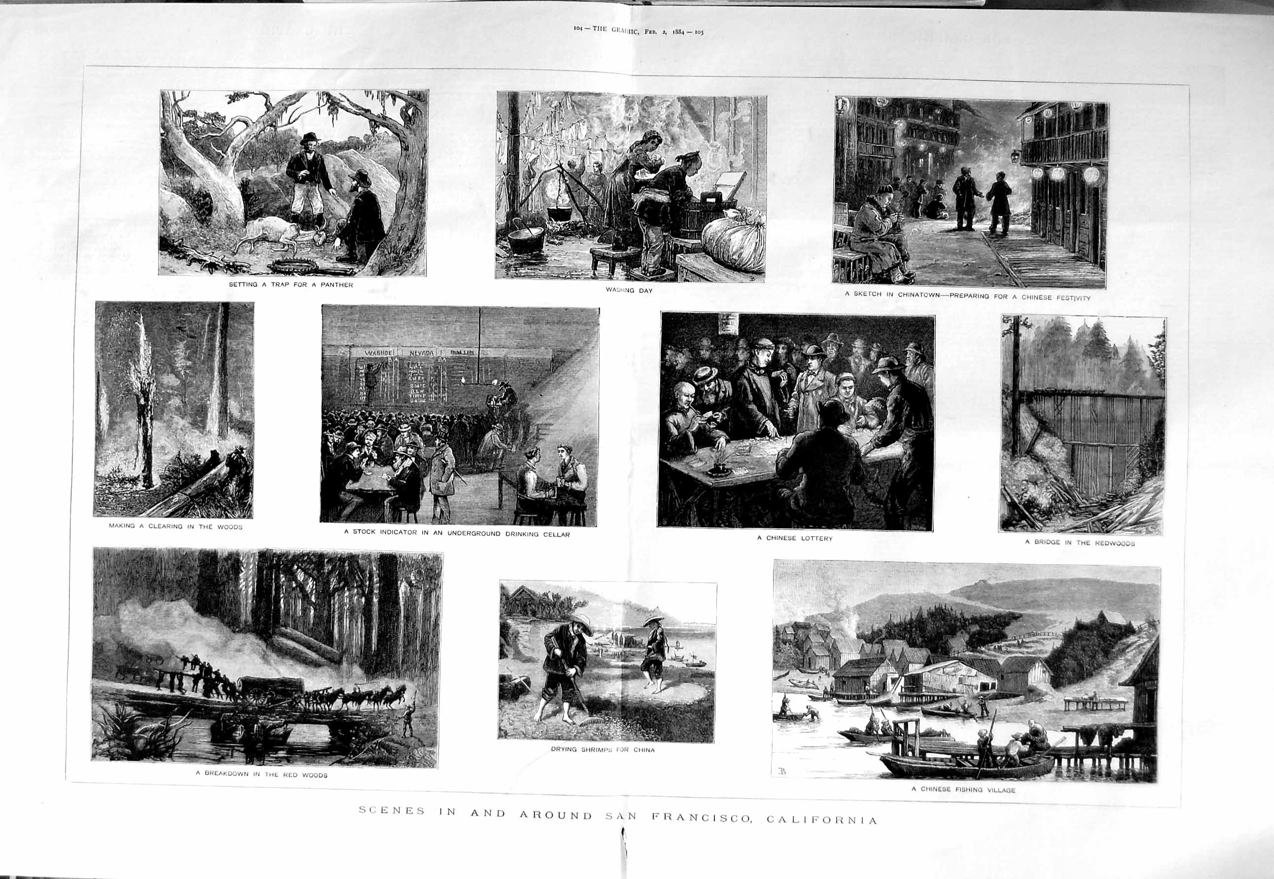 Original Old Antique Print 1884 San Francisco California America Fishing 19th