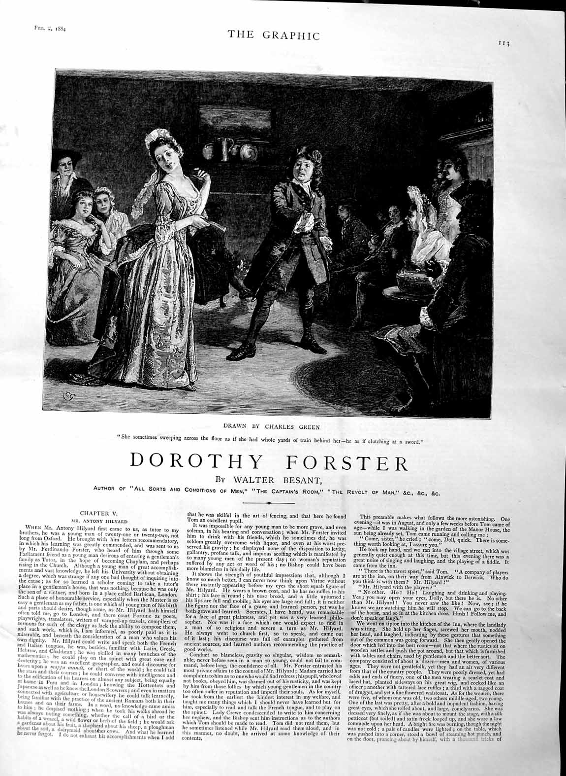 Old Antique Print 1884 Illustration Story Dorothy Forster Men Ladies Art 19th