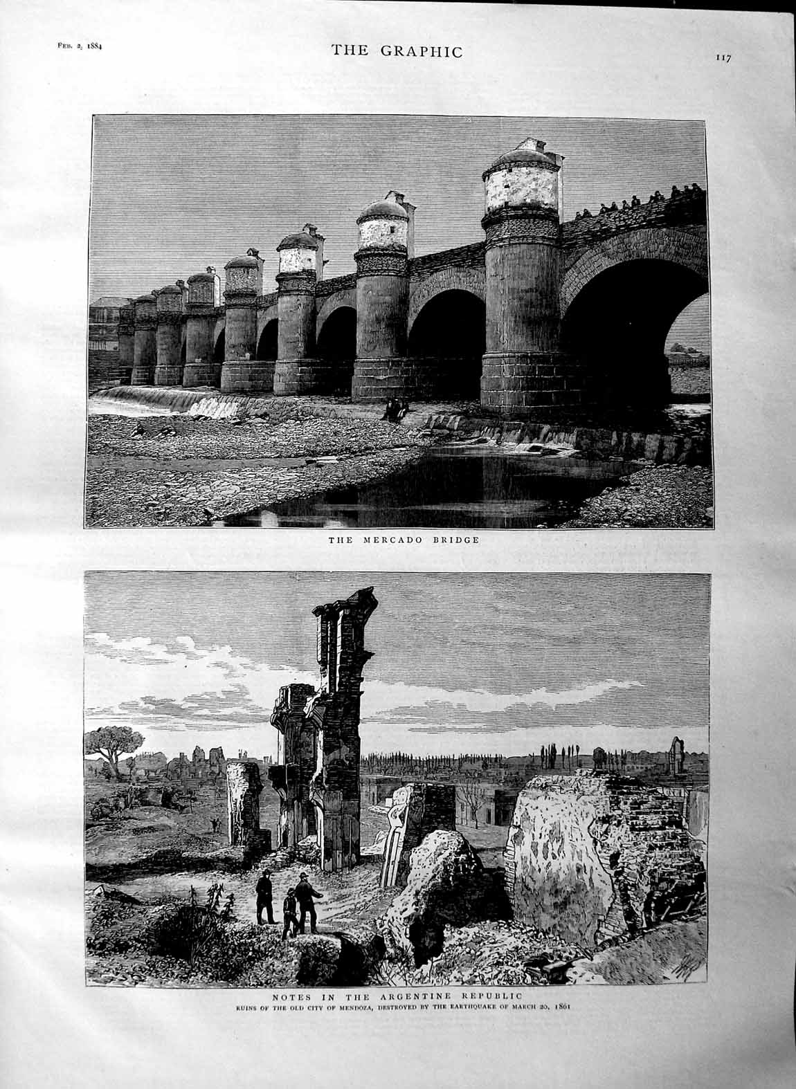 Original Old Antique Print 1884 Mercado Bridge Argentine Republic Mendoza Art