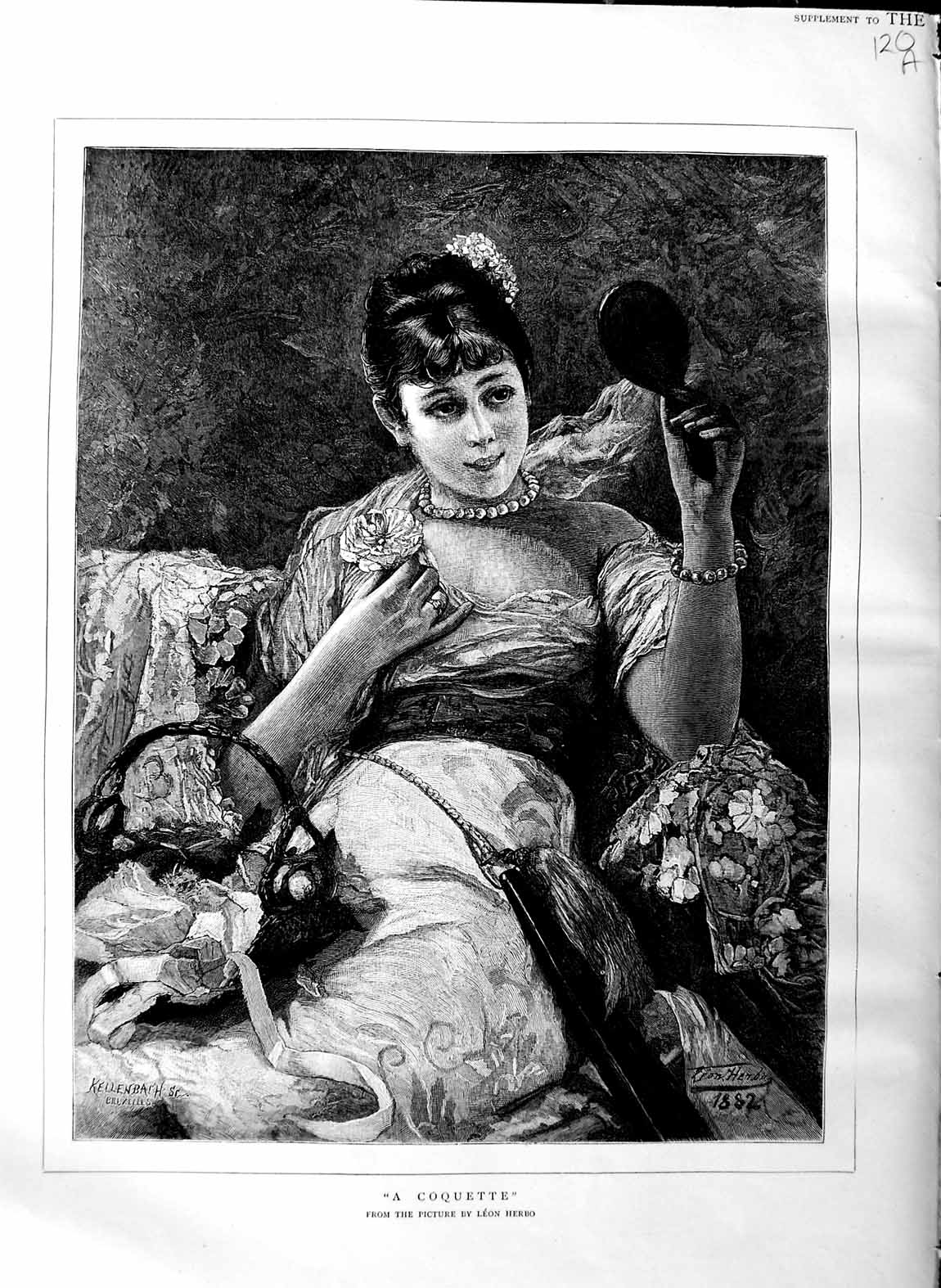 Old Antique Print 1884 Leon Herbo Fine Art Coquette Beautiful Woman Lady 19th
