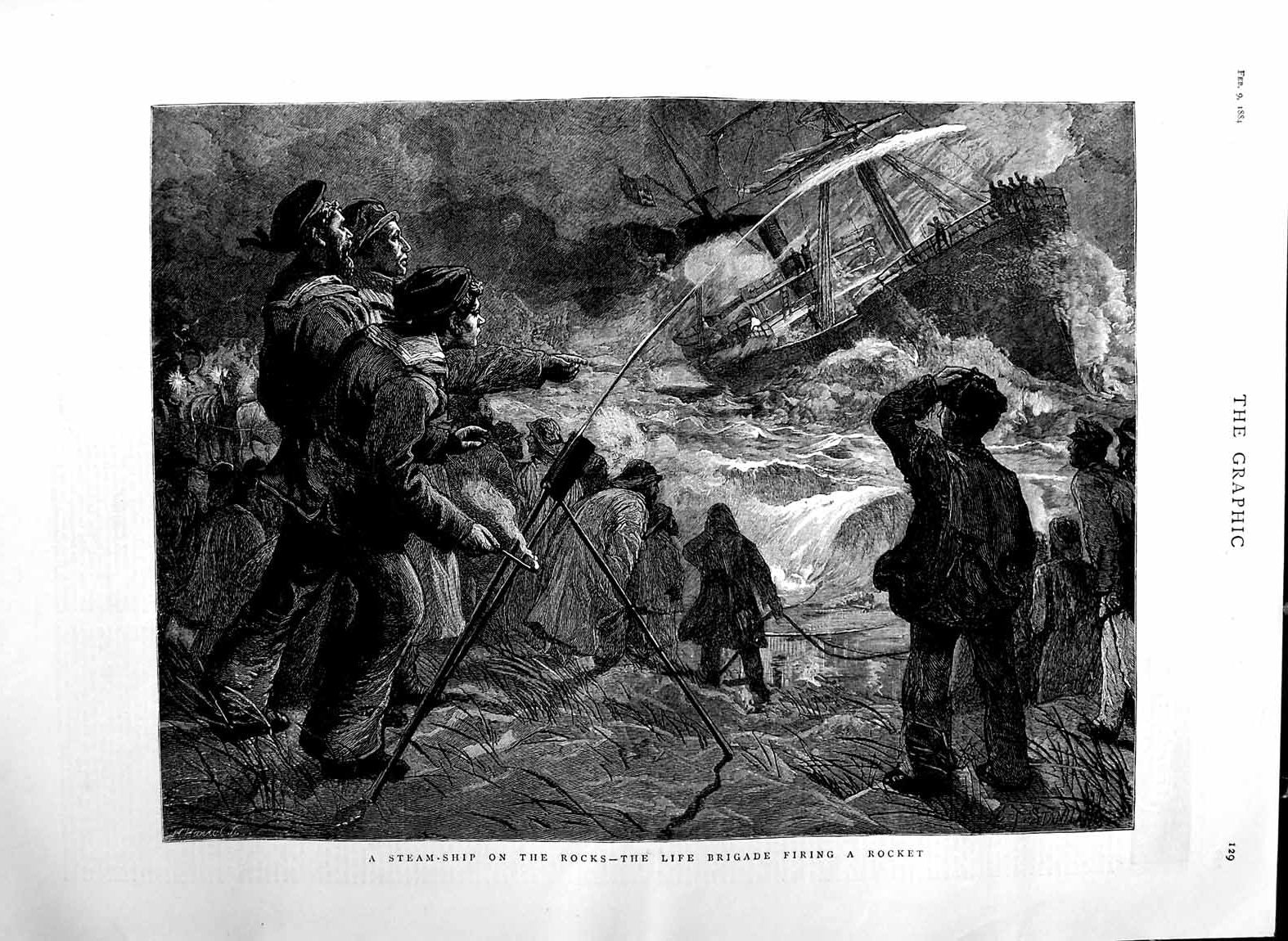 Old Antique Print 1884 Steam Ship Wreck Rocks Life Brigade Firing Rocket 19th