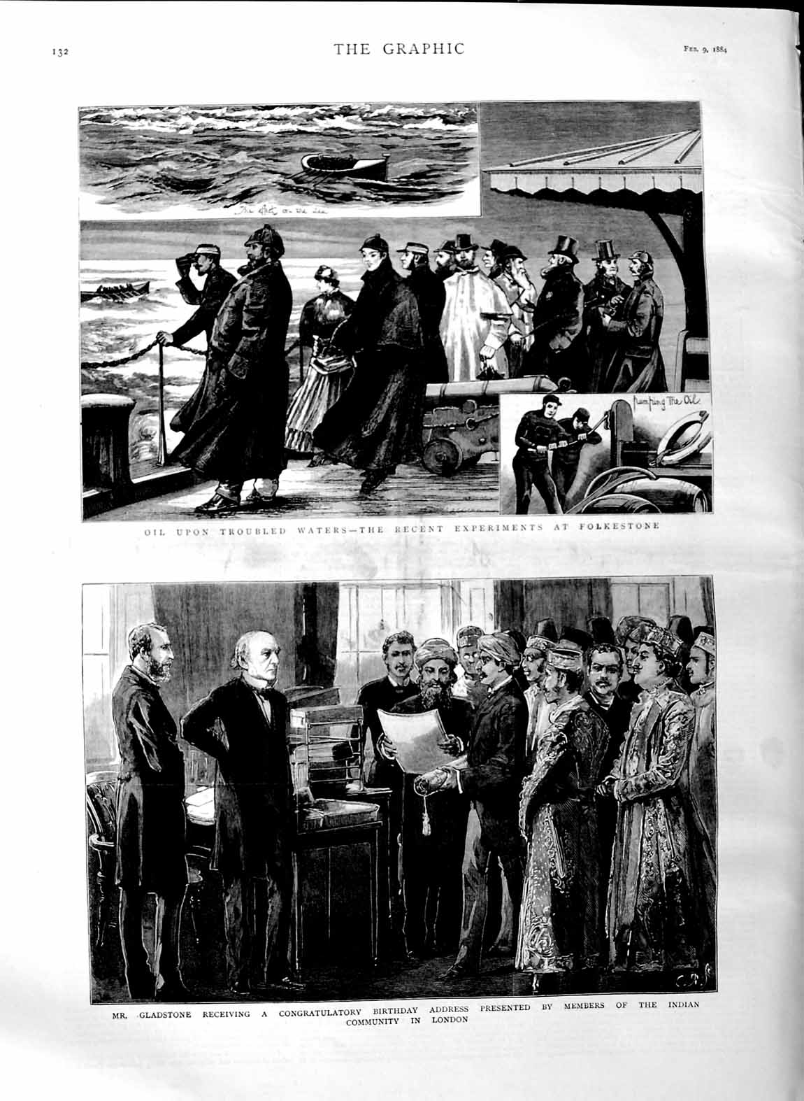 Original Old Antique Print 1884 Oil Folkestone Gladstone Indian Members London