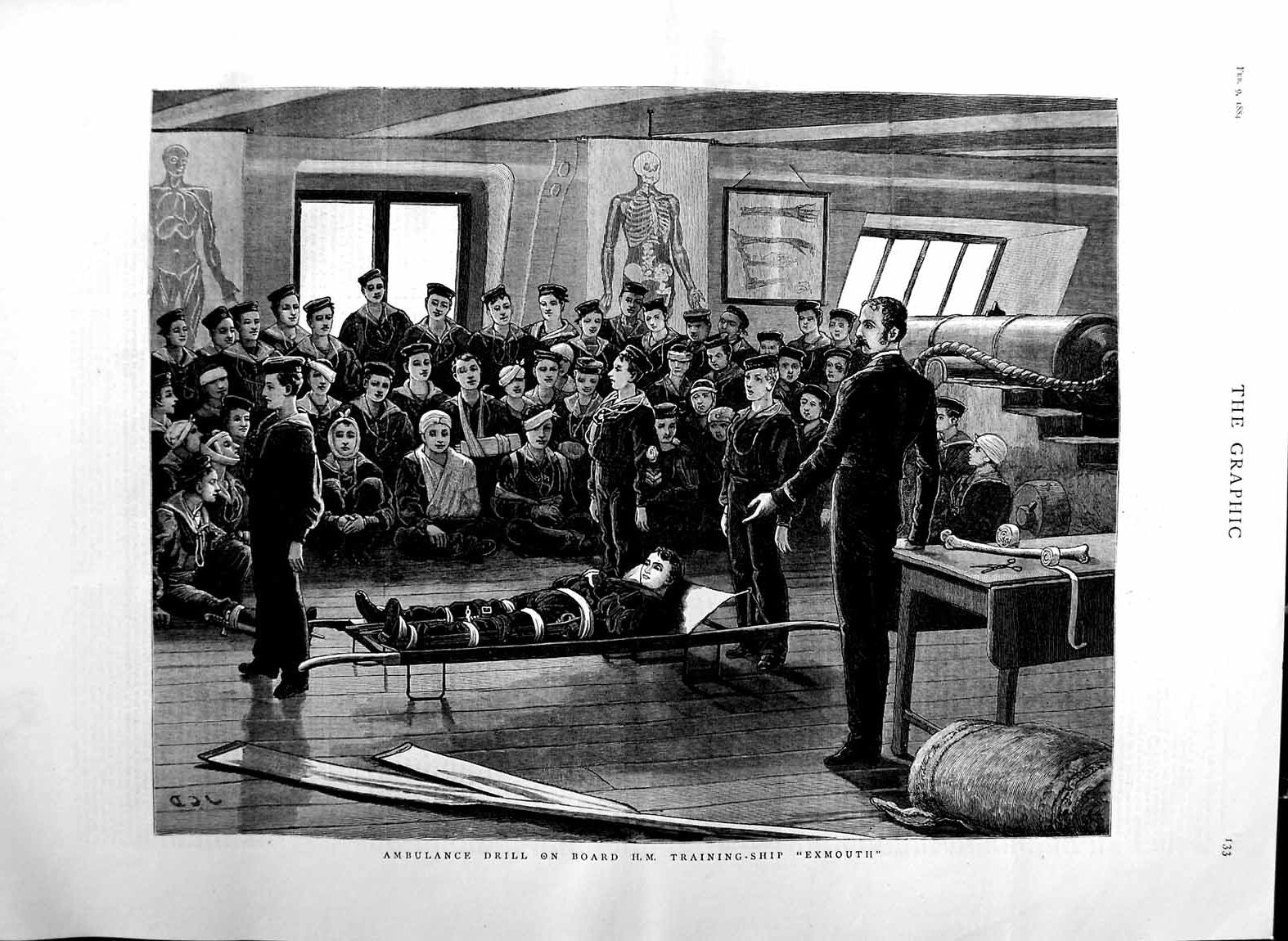 Antique Old Print *3092 1884 Ambulance Drill Board H.M Training Ship Exmouth
