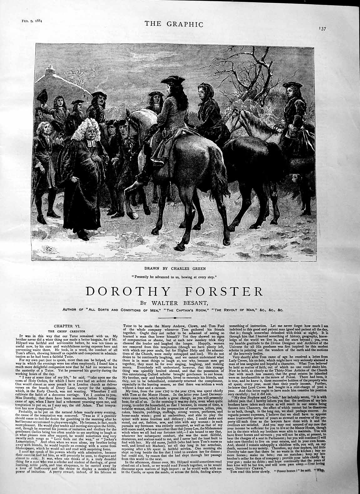 Original Old Antique Print 1884 Illustration Story Dorothy Forster Horses Men