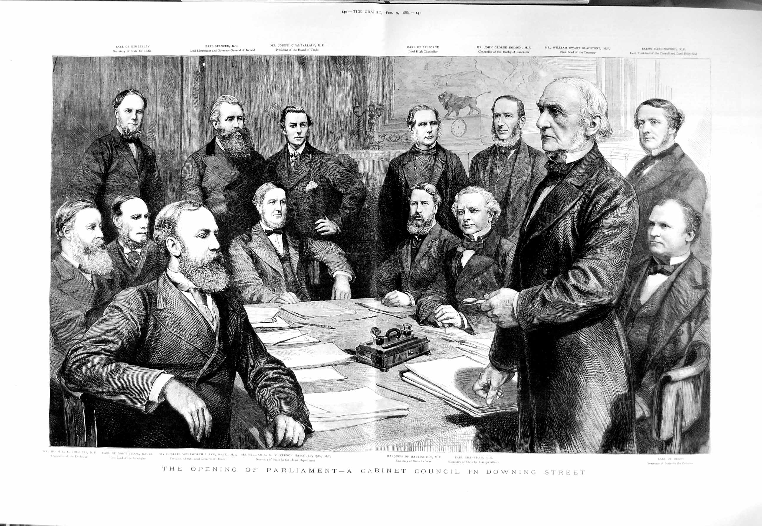 Original Old Antique Print 1884 Cabinet Council Downing Street Parliamen 19th