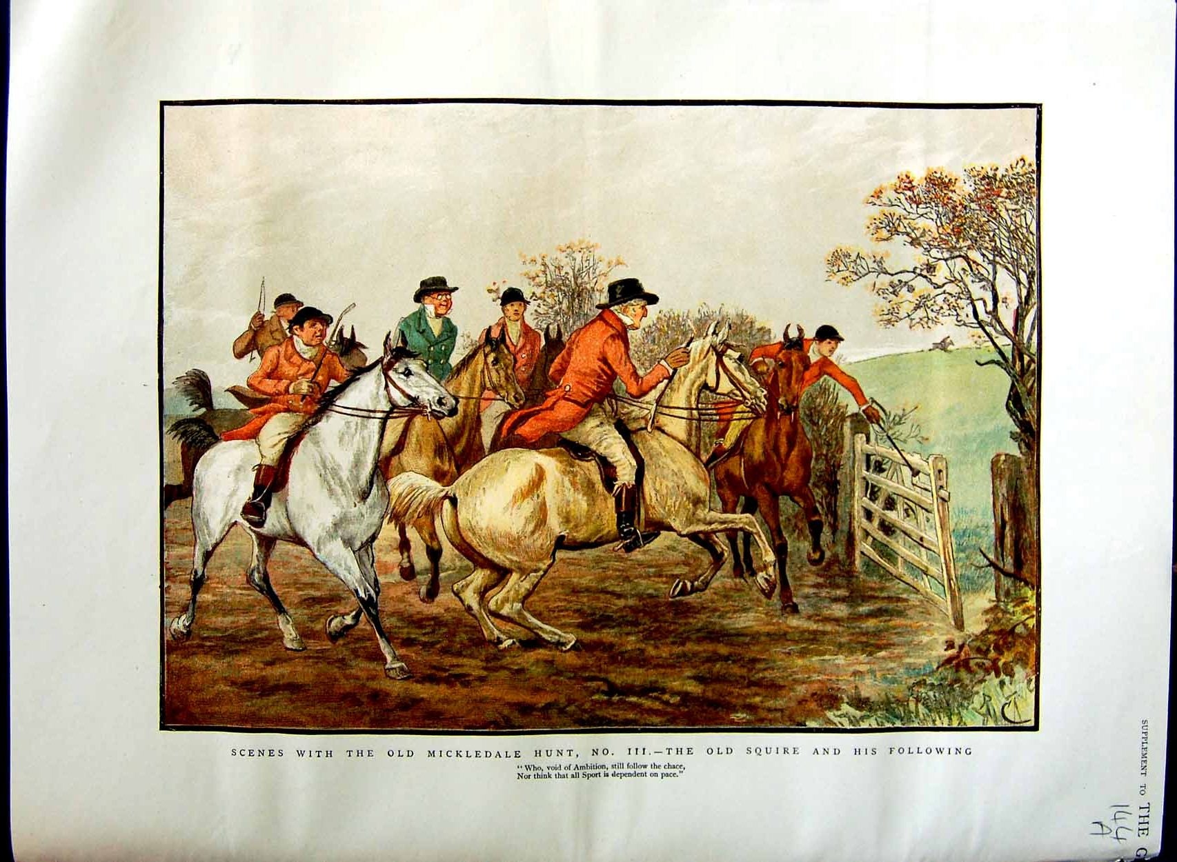 Original Old Antique Print 1884 Mickledale Hunting Squire Hounds Horses Colour