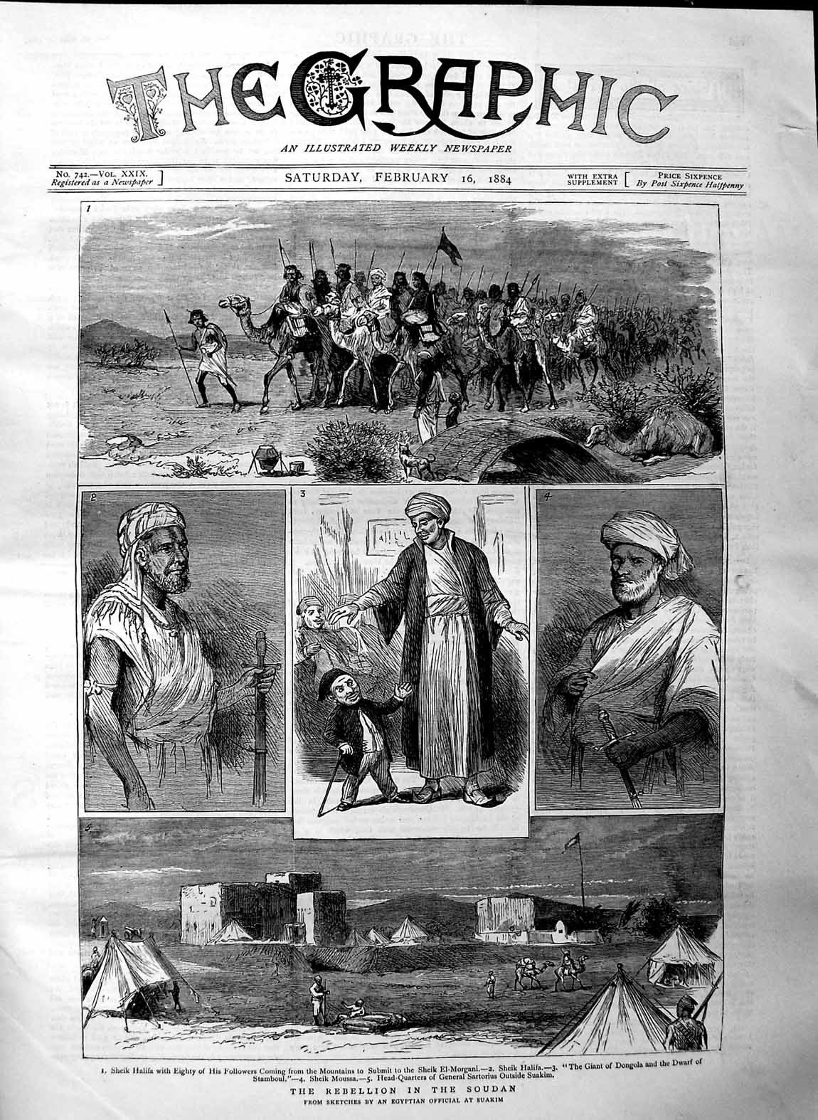 Original Old Antique Print 1884 Soudan War Sheik Halifa Dongola Dwarf Stamboul