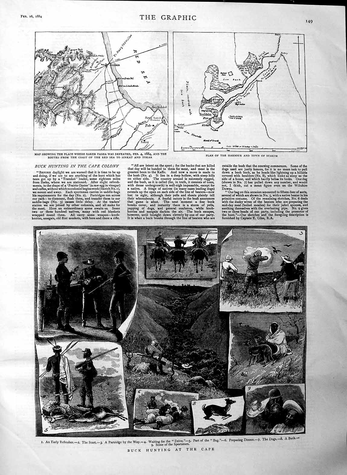 Original Old Antique Print 1884 Buck Hunting Cape Africa Map Baker Pasha Suakim