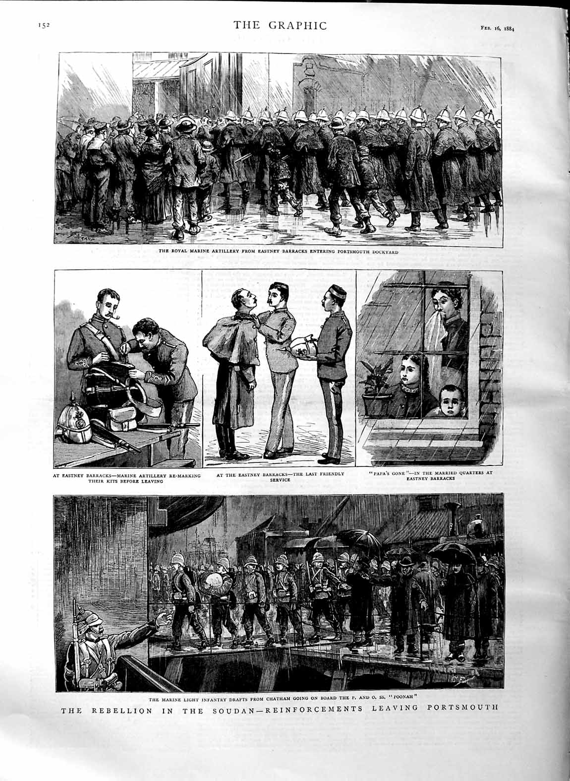 Original Old Antique Print 1884 War Soudan Marines Ship Poonah Eastney B 19th