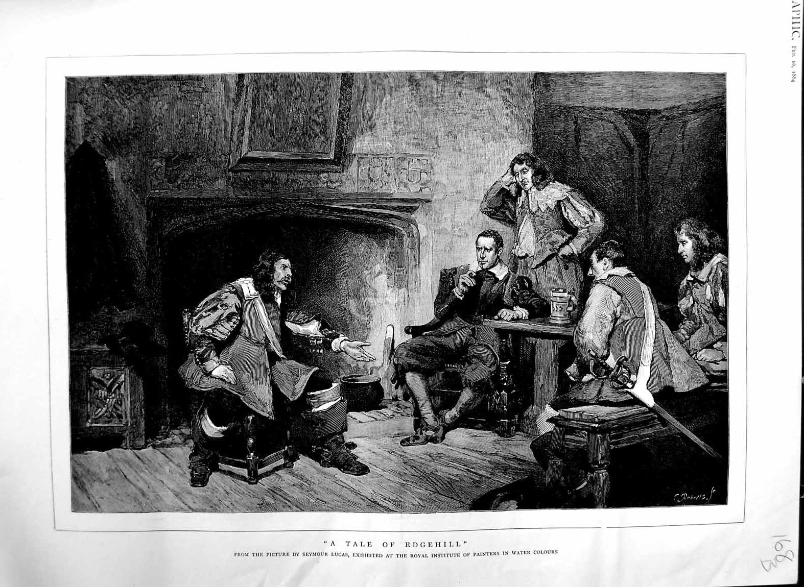 Old Antique Print 1884 Seymour Lucas Fine Art Tale Edgehill Men Meeting 19th