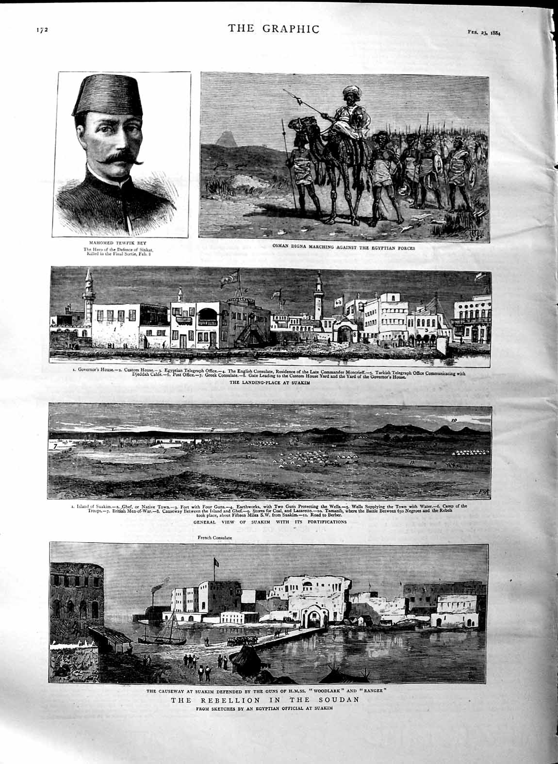 Original Old Antique Print 1884 Soudan Sauseway Suakim Tewfik Bey Digna Suakim