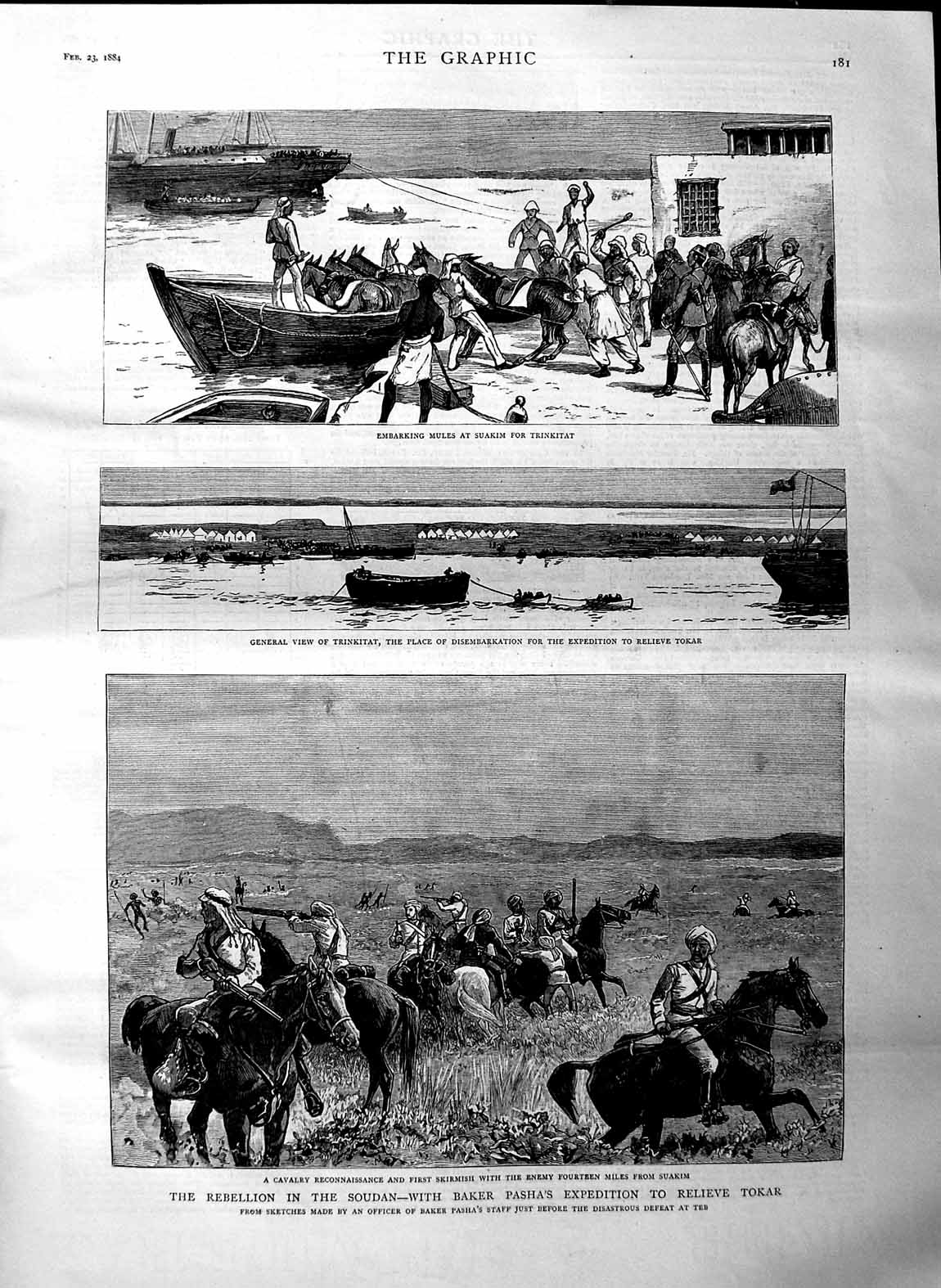 Original Old Antique Print 1884 Soudan Baker Pasha Tokar Trinkitat Mules Suakim