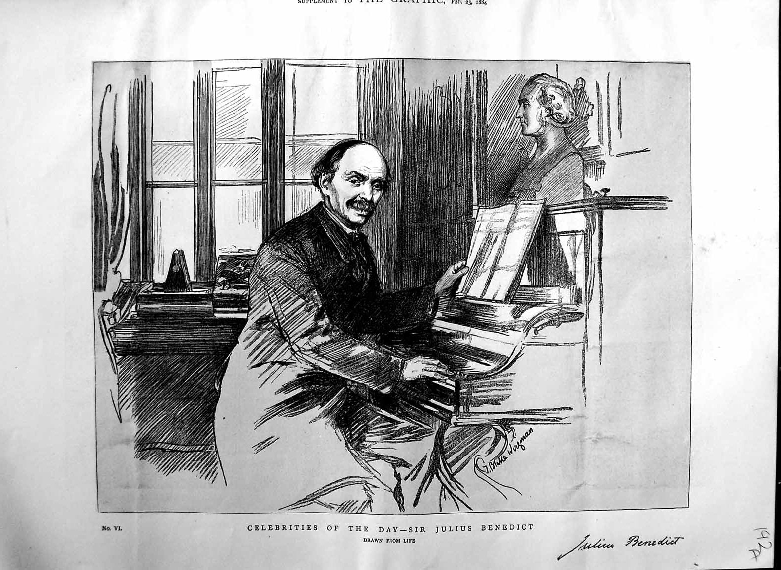 Original Old Antique Print 1884 Portrait Sir Julius Benedict Piano Man 19th