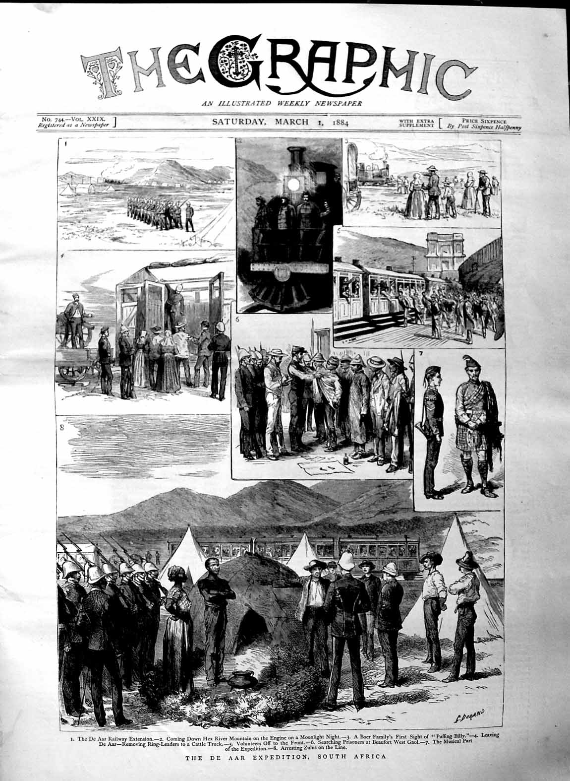 Old Antique Print 1884 De Aar Expedition Africa Hex River Mountain Train 19th