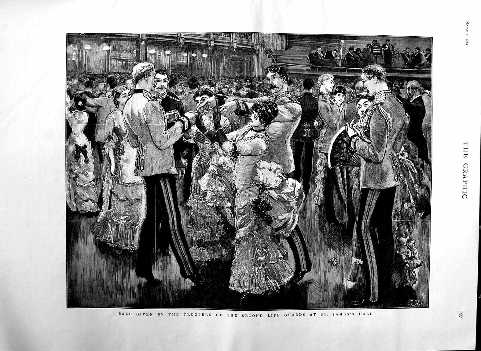 Old Antique Print 1884 Ball Troopers Life Guards St. James'S Hall Romance 19th