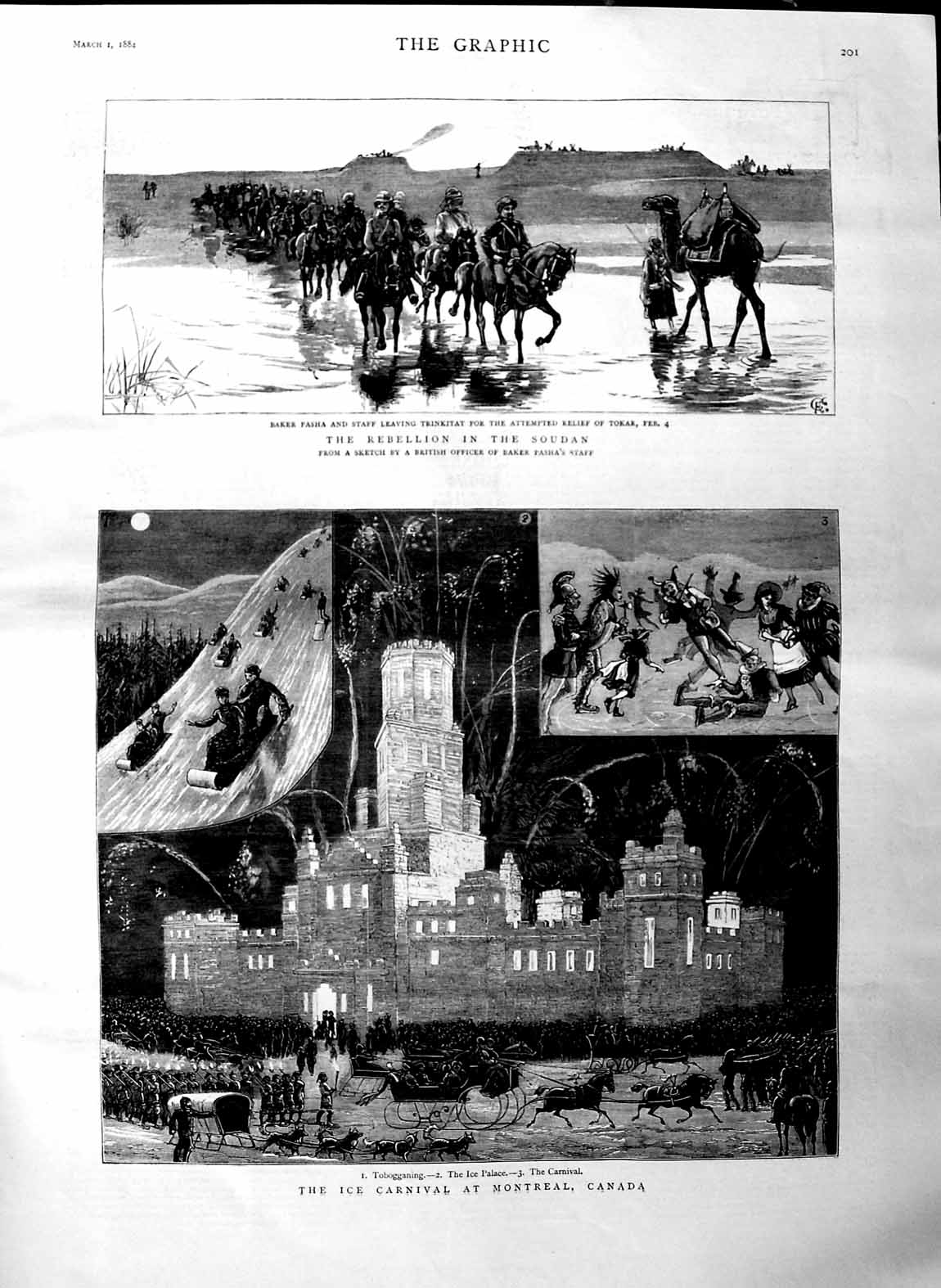 Old Antique Print 1884 Ice Carnival Montreal Canada Palace Soudan Tokar 19th