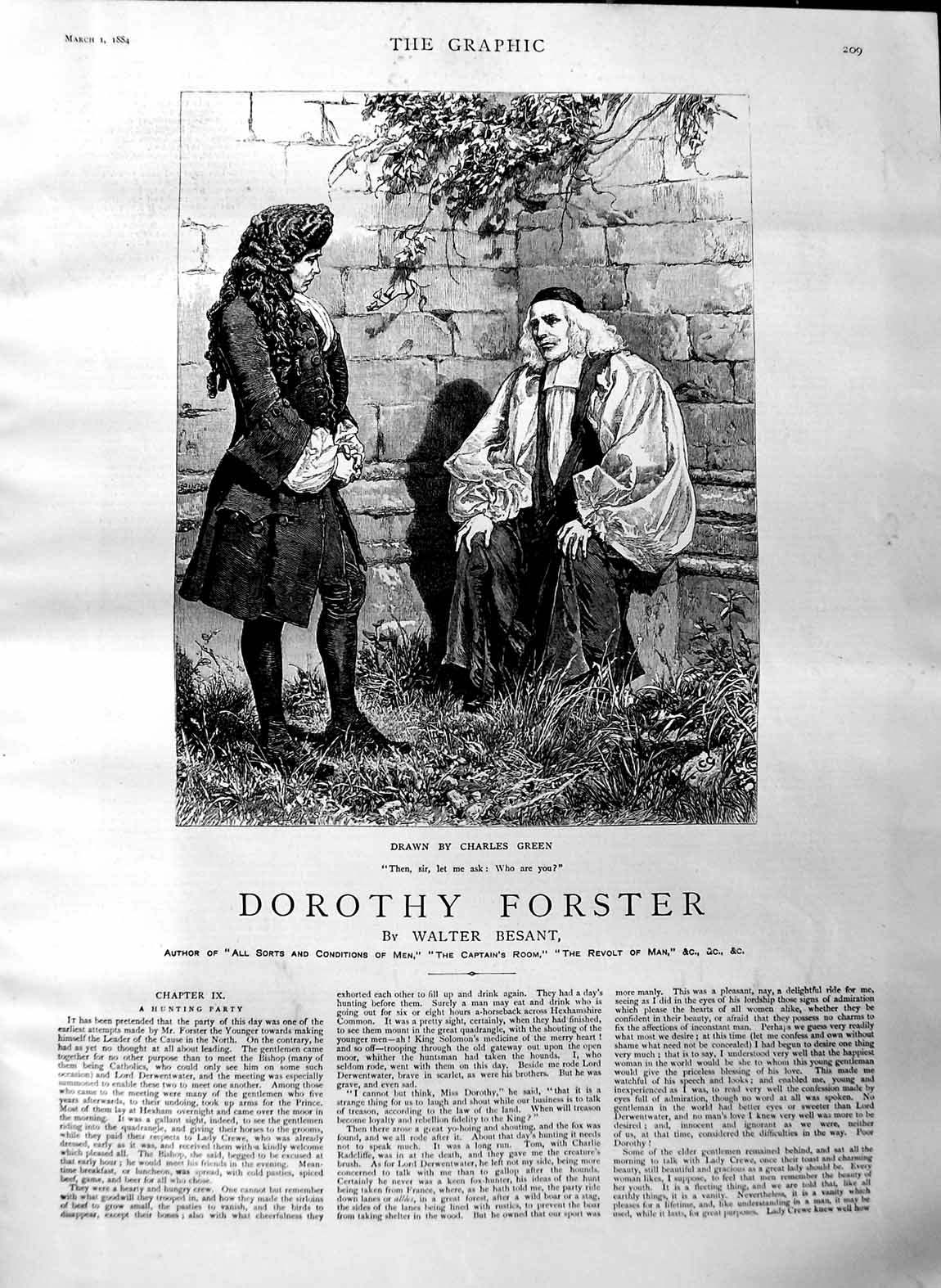 Original Old Antique Print 1884 Illustration Story Dorothy Forster Men Meeting
