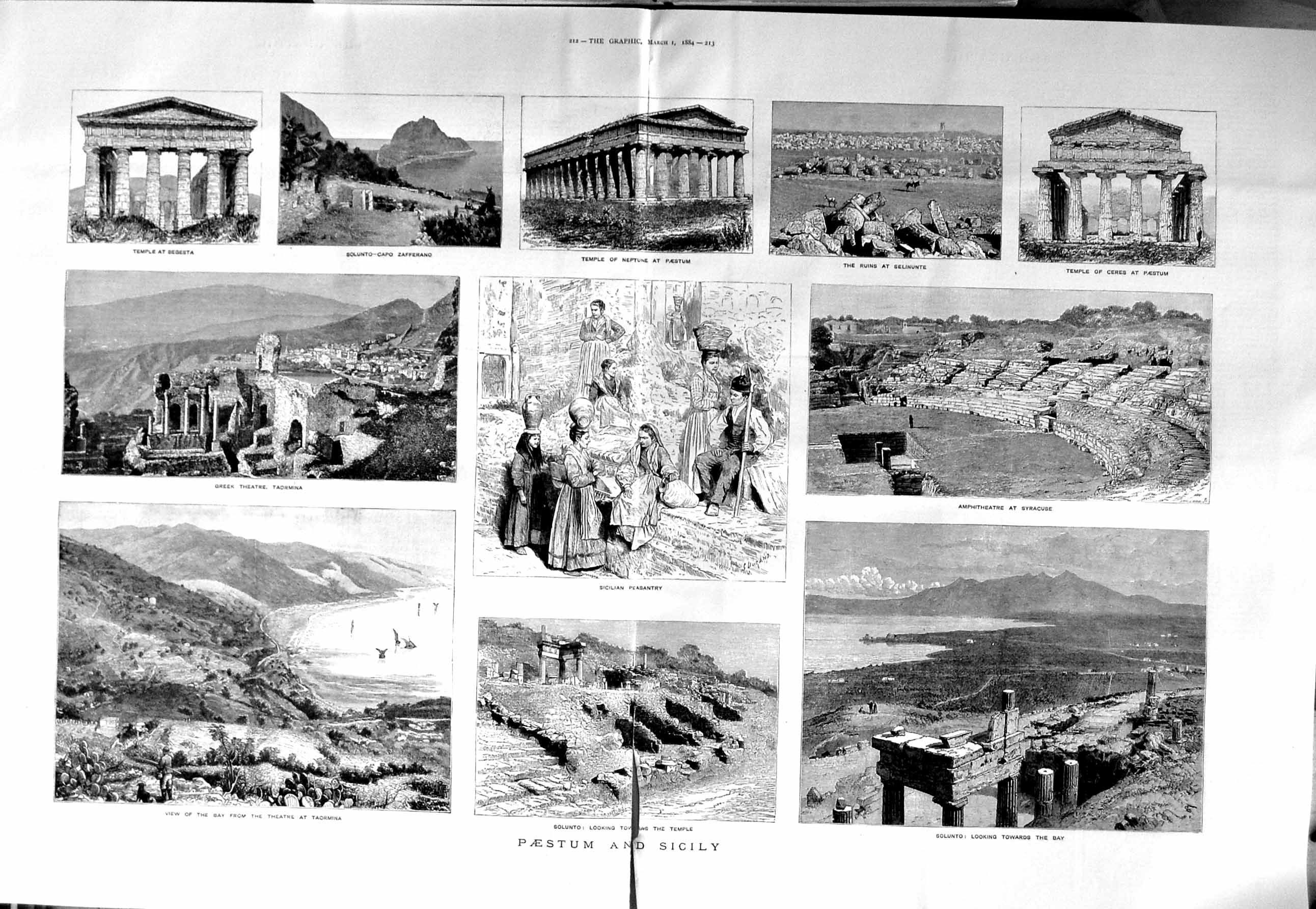 Original Old Antique Print 1884 Paestum Sicily Solunto Temple Peasants Victorian