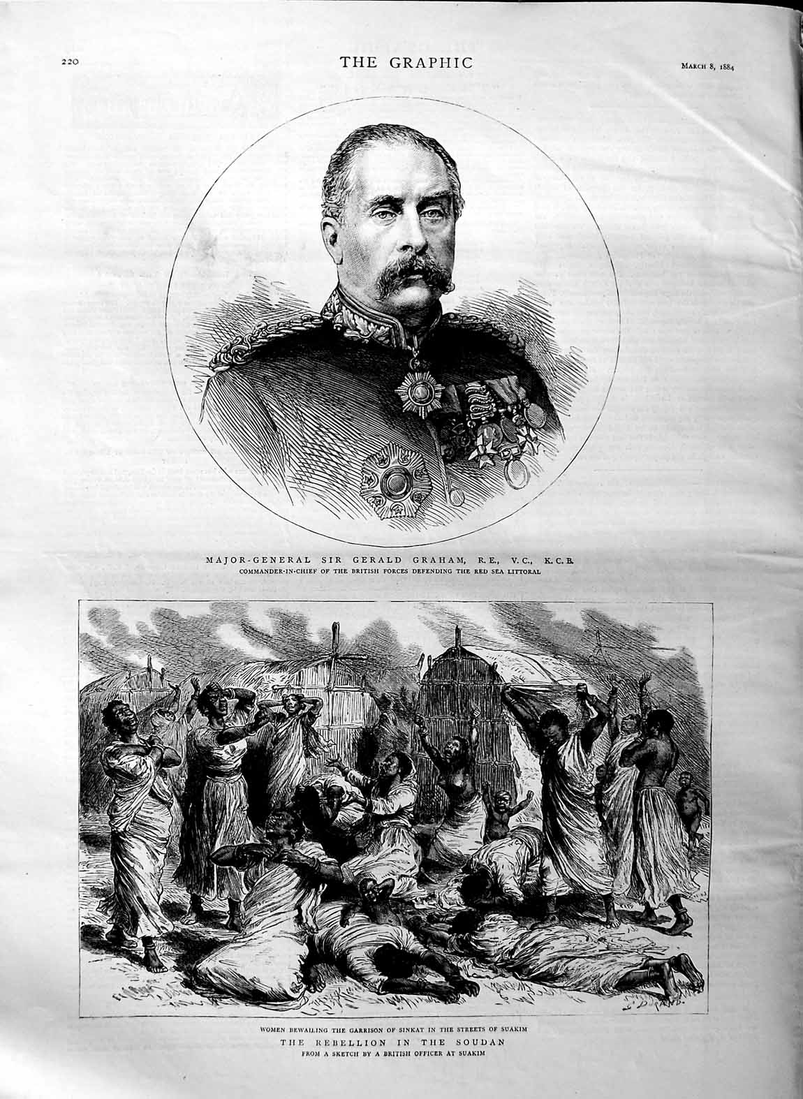 Original Old Antique Print 1884 Major-General Gerald Graham Soudan Sinkat 19th