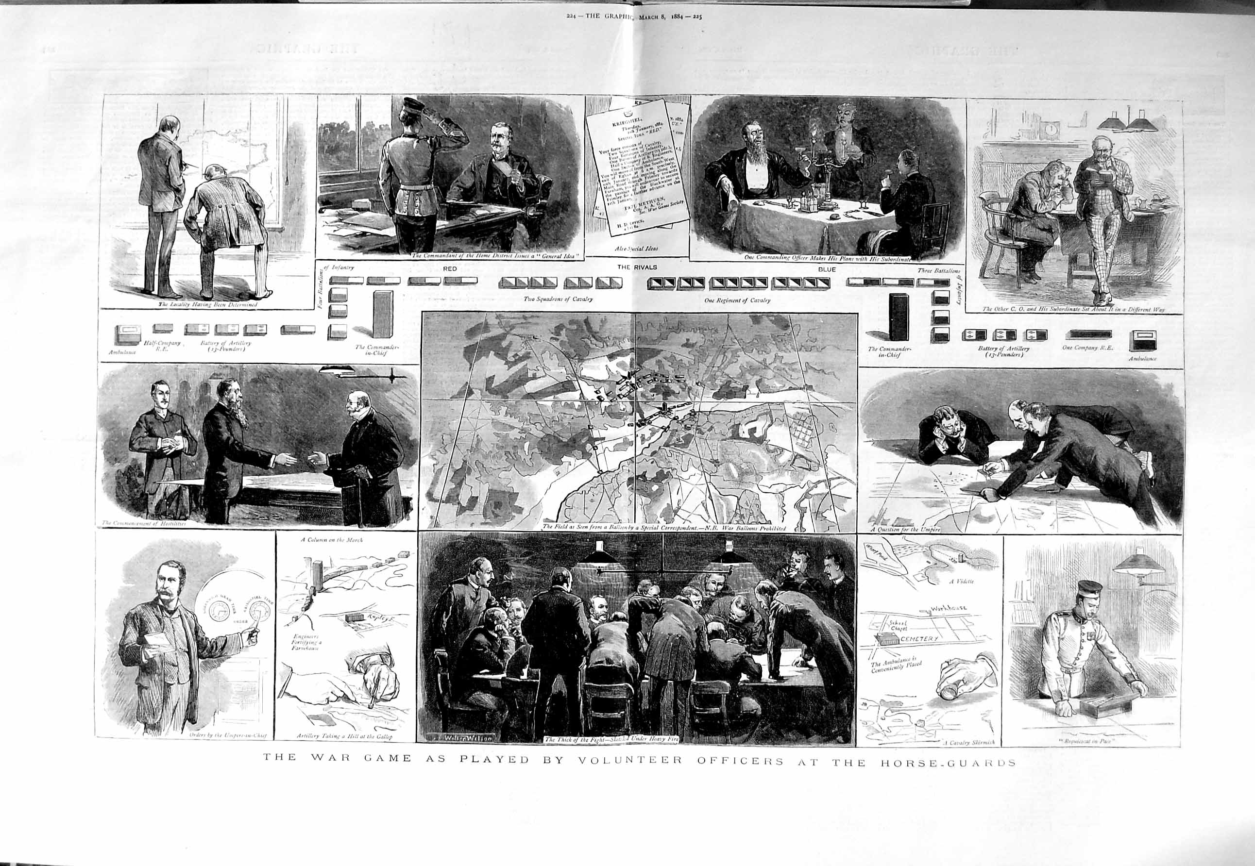 Original Old Antique Print 1884 War Game Volunteer Officers Horse-Guards Siers