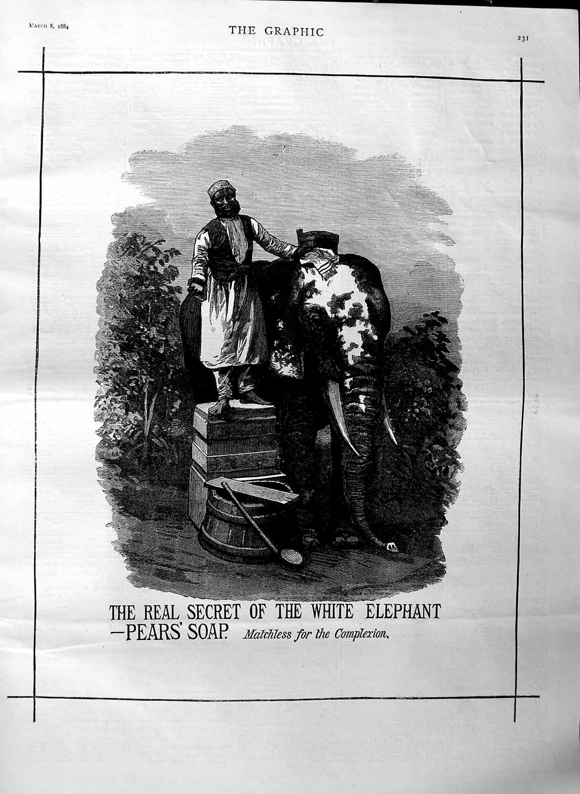 Original Old Antique Print 1884 Advertisement Pears Soap White Elephant Washing