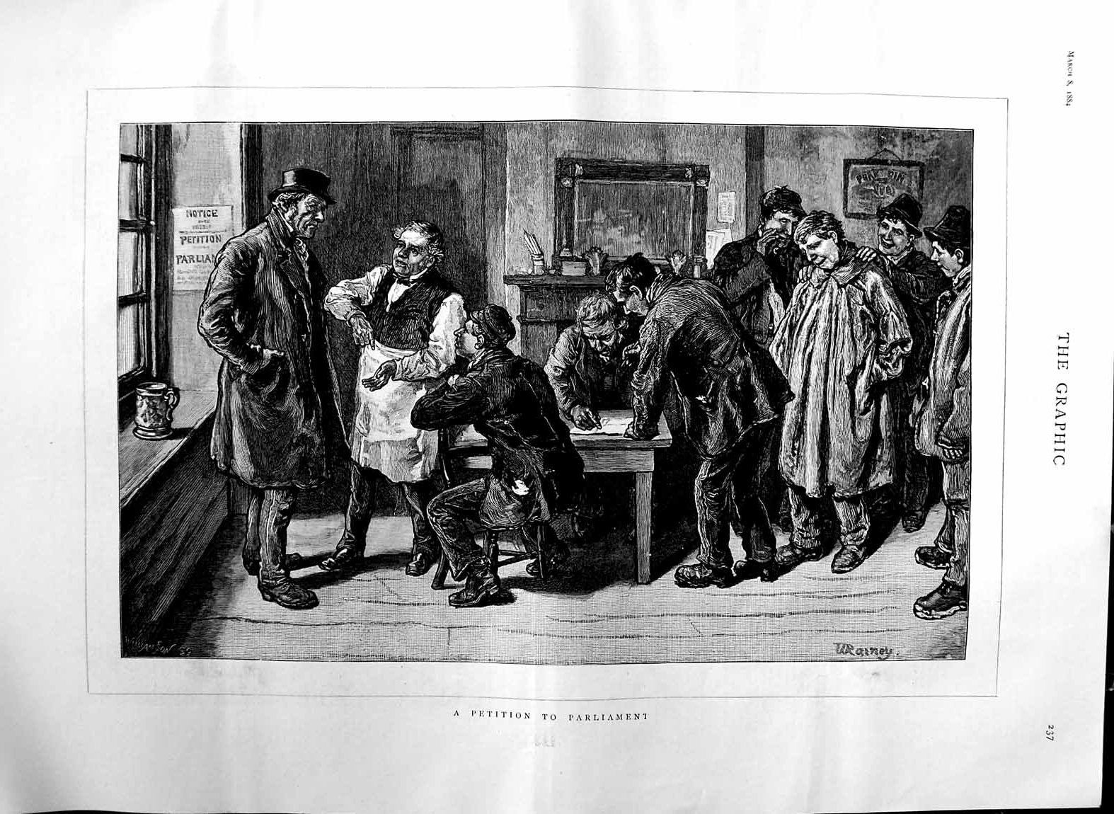 Original Old Antique Print 1884 Fine Art Men Signing Petition Parliament 19th