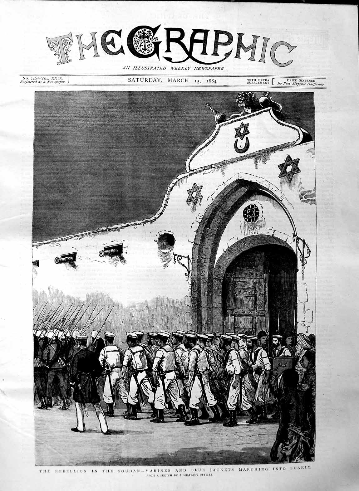 Old Antique Print 1884 Rebellion Soudan Marines Blue Jackets Suakim War 19th