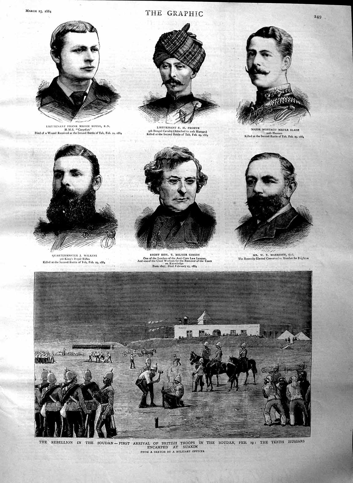 Original Old Antique Print 1884 Soudan British Siers Suakim Wilkins Royds Slade