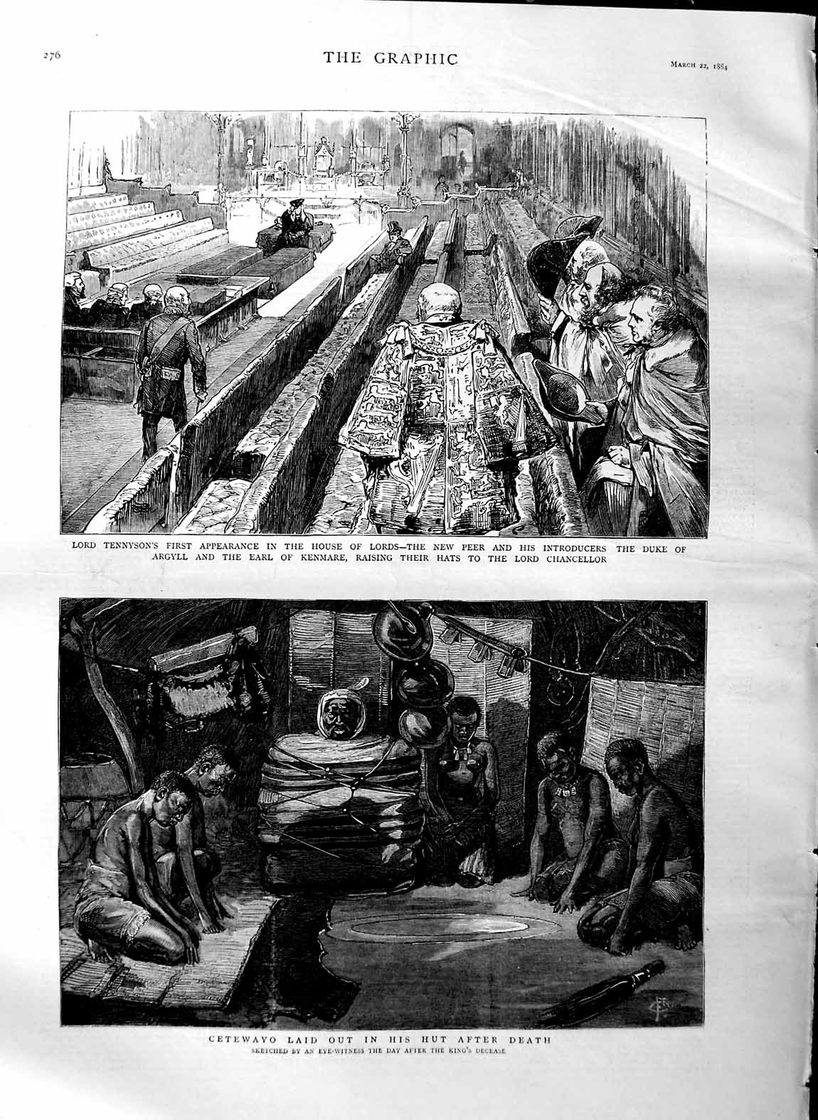 Original Old Antique Print 1884 Cetewayo Dead Body Tennyson House Lords Argyll