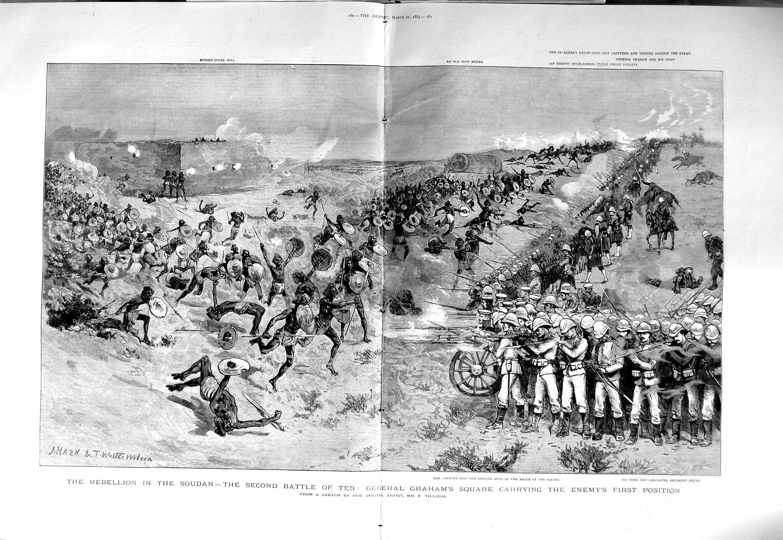 Original Old Antique Print 1884 Soudan War General Graham Siers Battle Gardner