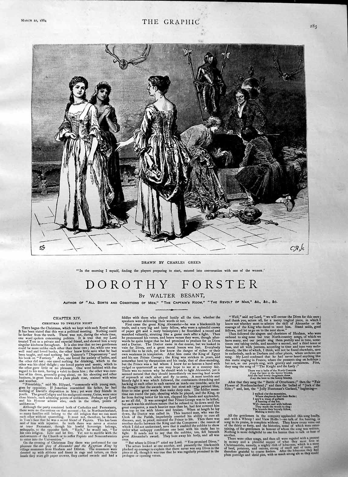 Old Antique Print 1884 Illustration Story Dorothy Forster Ladies Players 19th