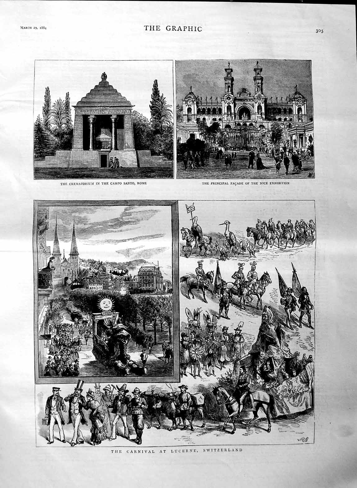 Old Antique Print 1884 Carnival Lucerne Switzerland Campo Santo Rome Nice 19th
