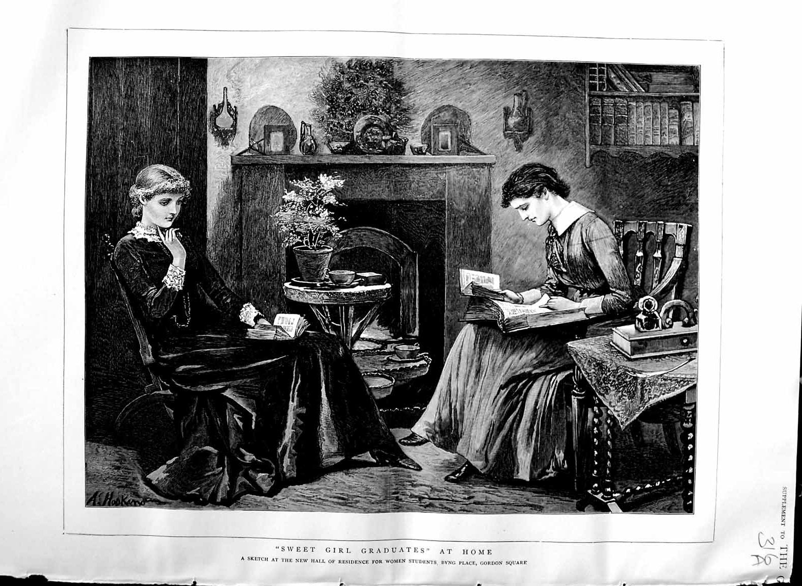 Old Antique Print 1884 Hall Residence Women Students Byng Gordon Square 19th