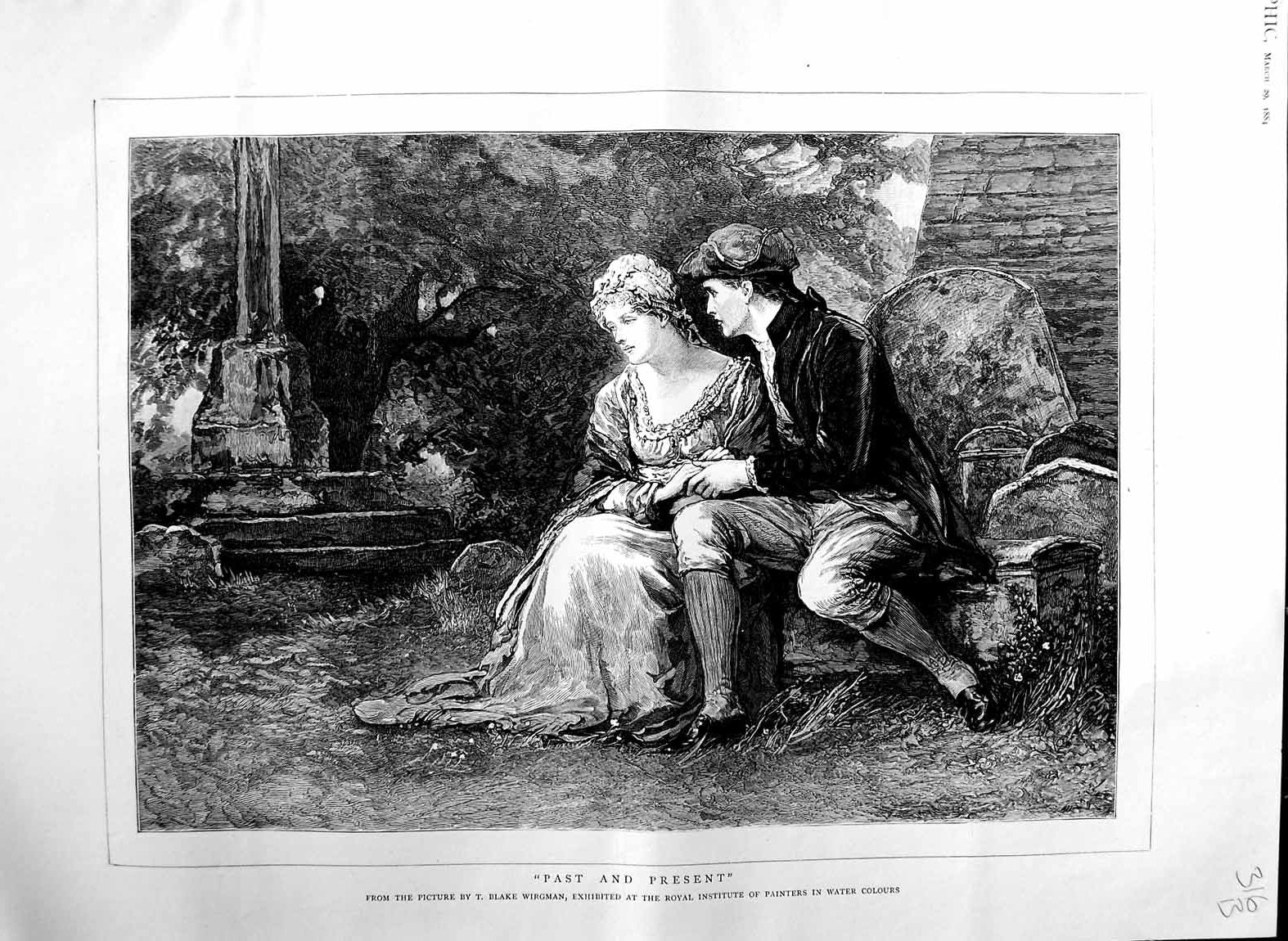 Original Old Antique Print 1884 Romance Lady Man Garden Blake Wirgman Fine Art