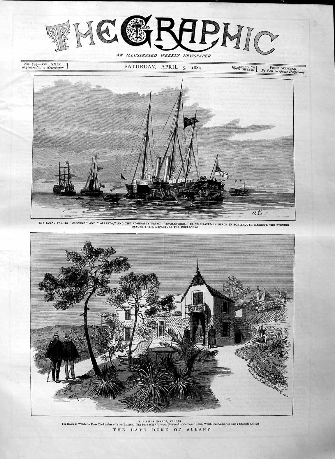 Old Antique Print 1884 Duke Albany Villa Nevada Cannes Osborne Ship Yacht 19th