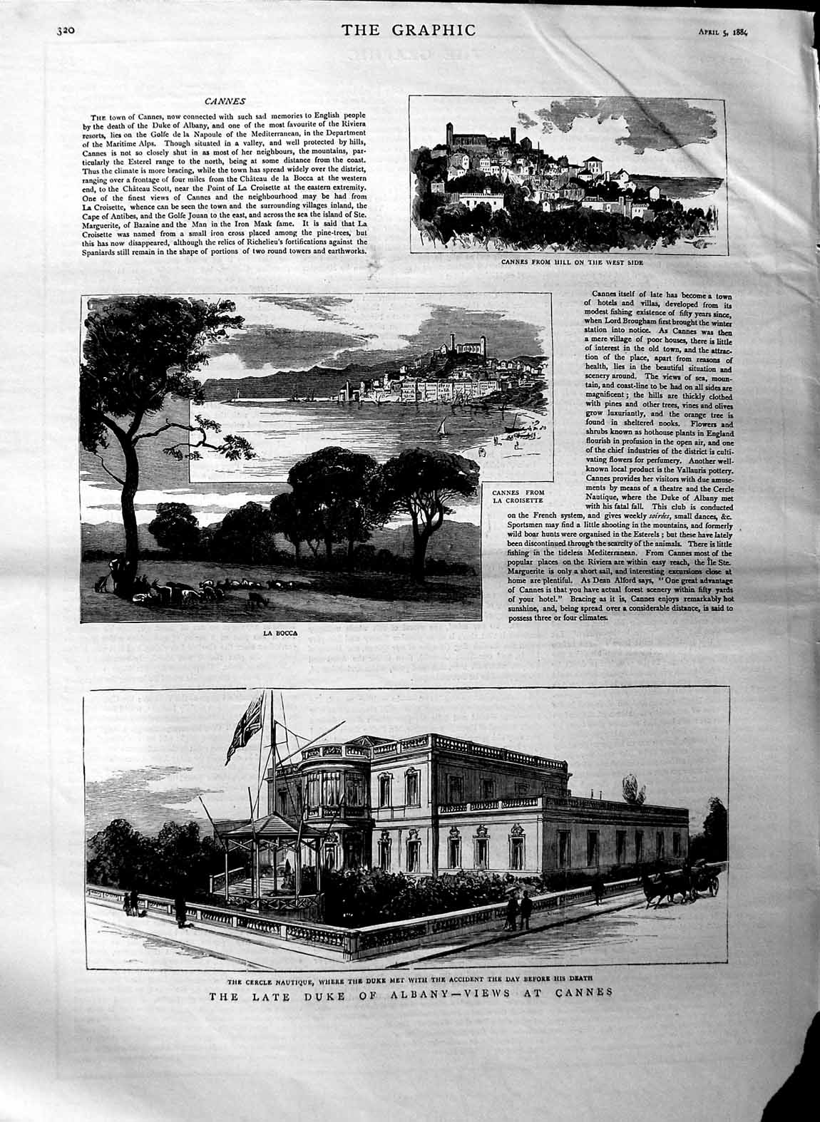 Original Old Antique Print 1884 Duke Albany France Cannes Bocca Cercle Nautique