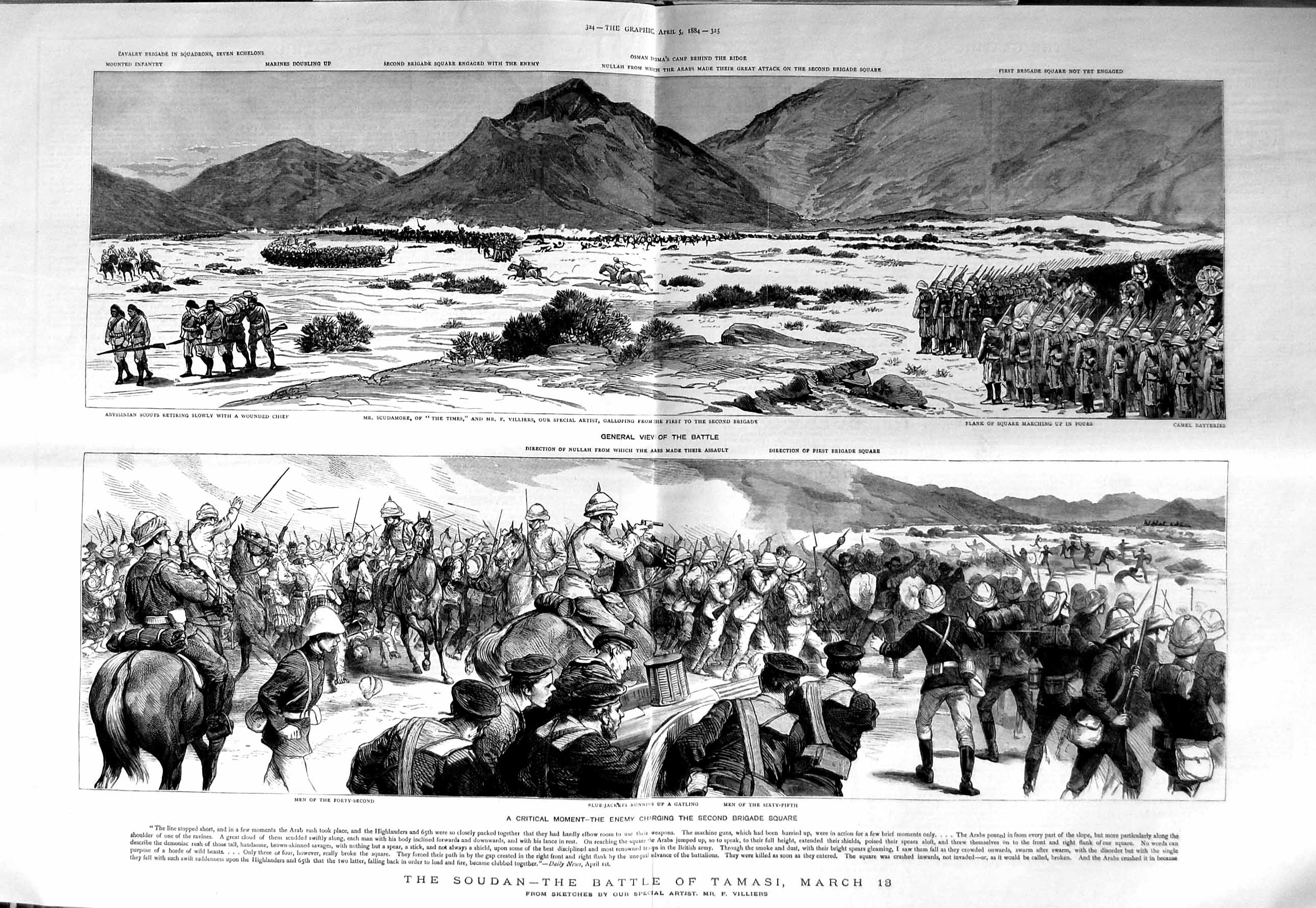 Original Old Antique Print 1884 War Soudan Battle Tamasi Blue-Jackets Siers