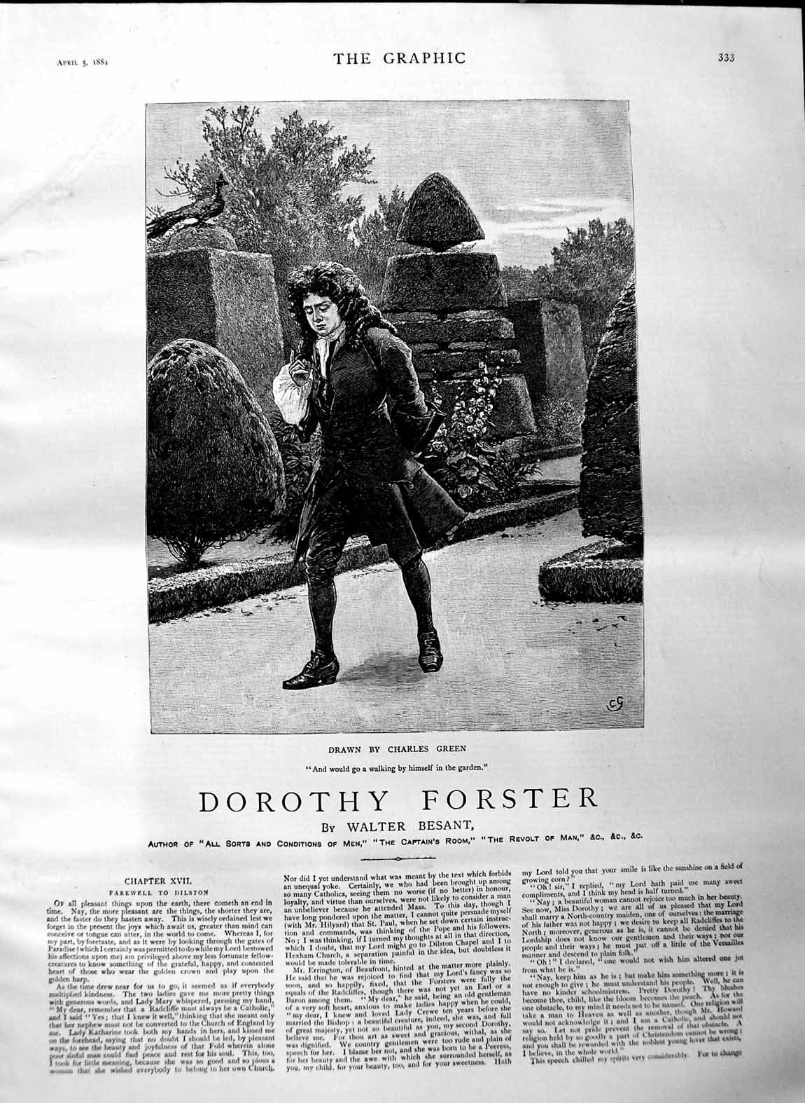 Original Old Antique Print 1884 Illustration Story Dorothy Forster Man Garden