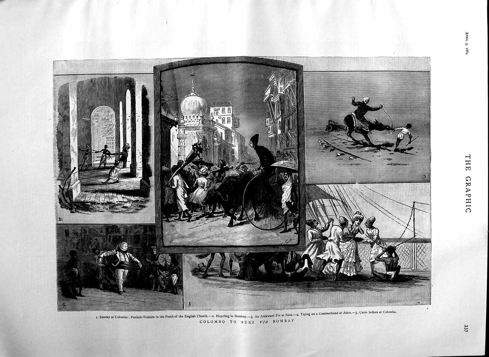 Old Antique Print 1884 Punkah-Wallahs English Church Suez Bicycle Bombay 19th