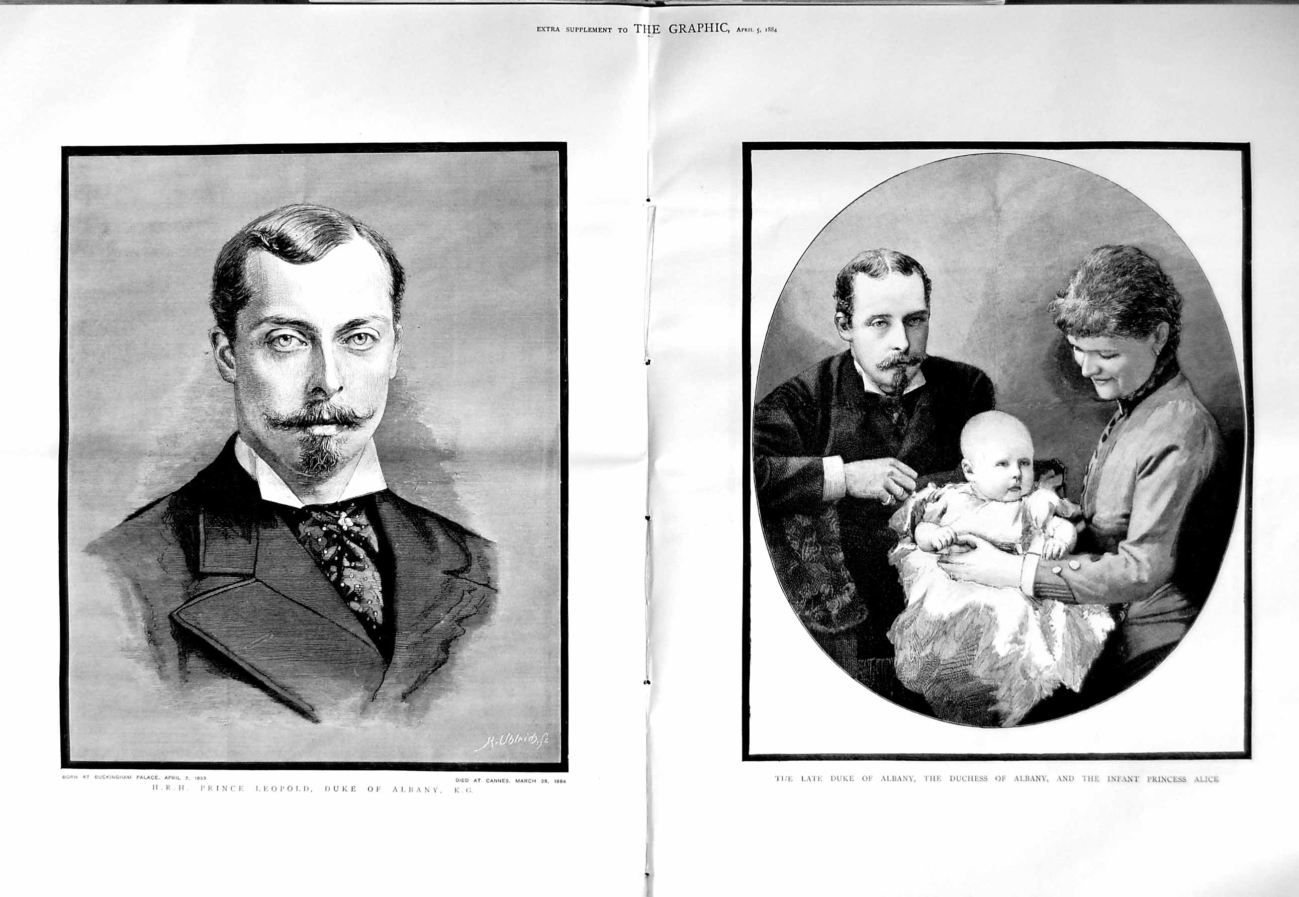 Original Old Antique Print 1884 Prince LeopDuke Albany Duchess Princess Alice